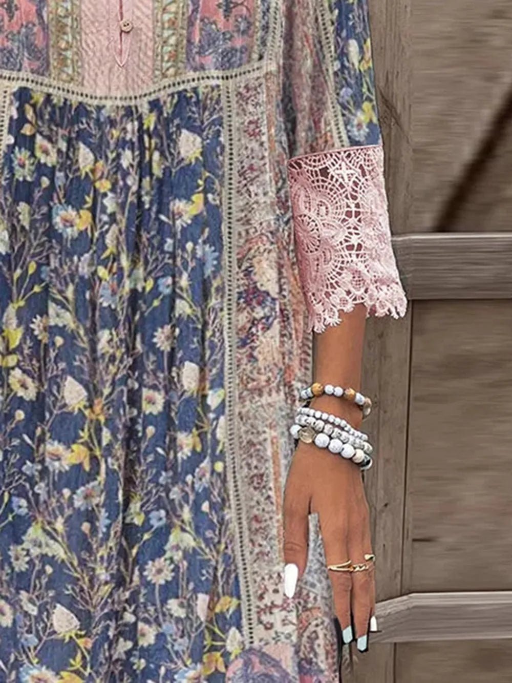 Full Size Lace Detail Printed Three - Quarter Sleeve Dress – Blush Pink for Shopify Collective (2 view)