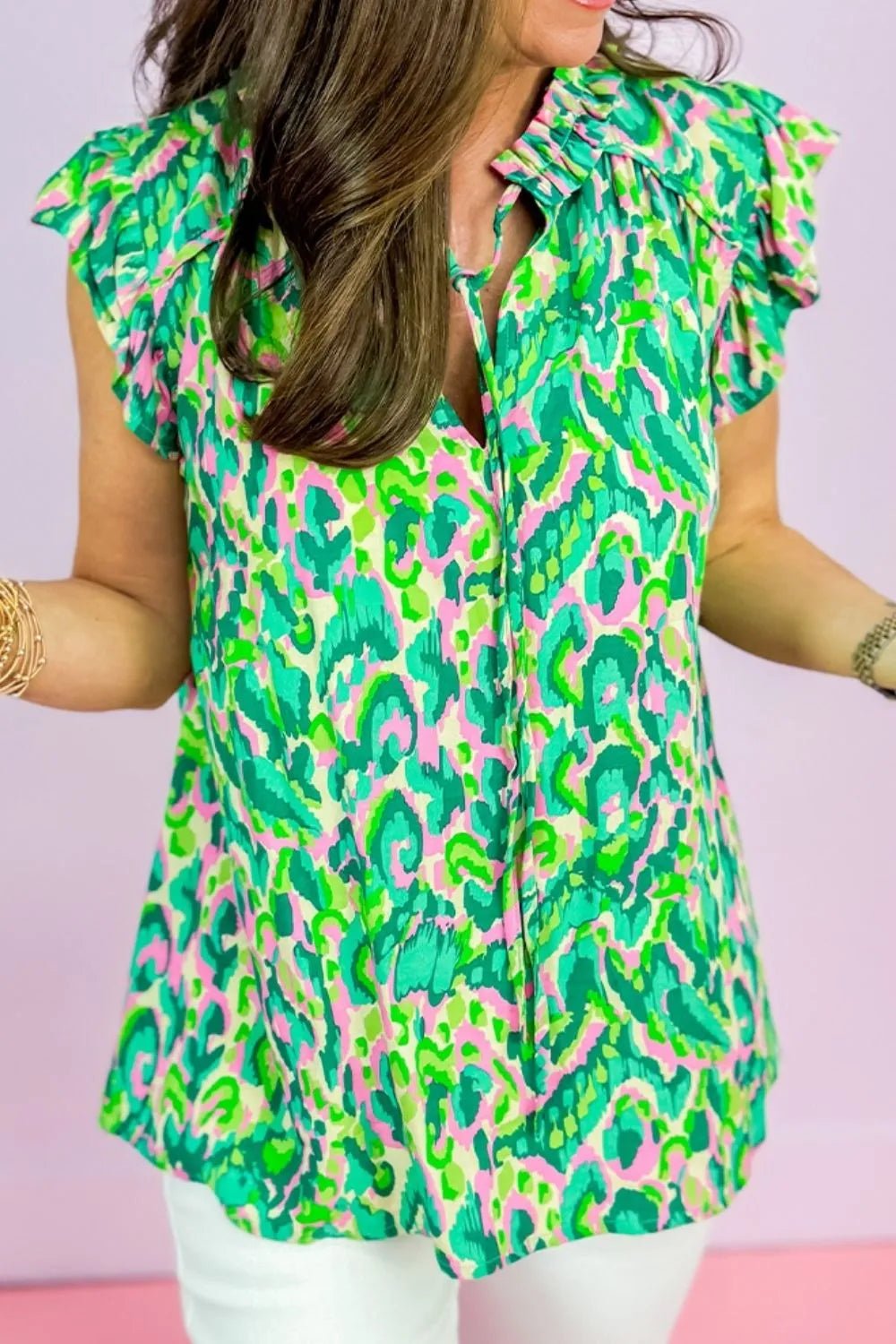 Abstract Print Ruffled Trim Tie Neck Top – Green by Simply Love