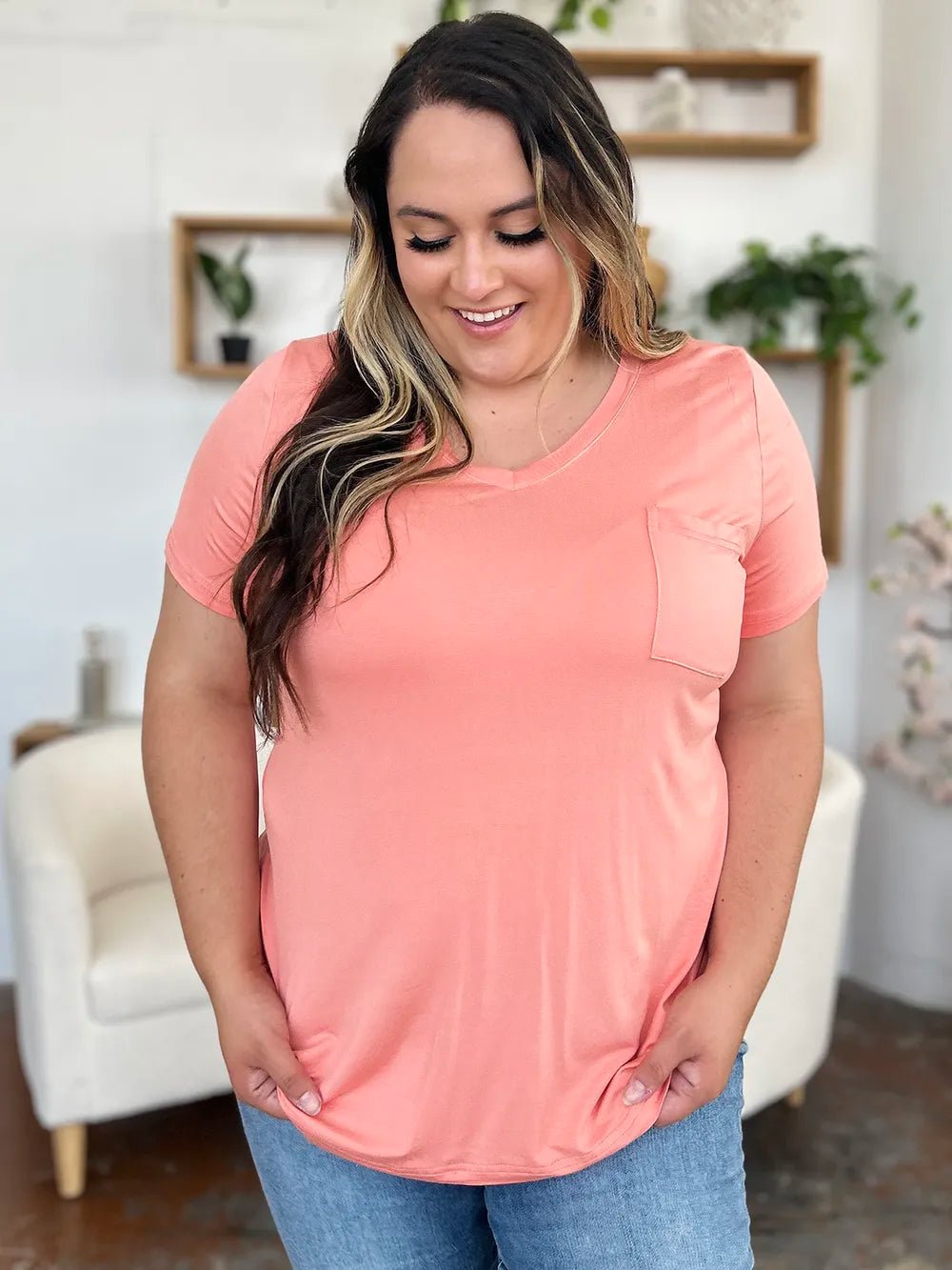 Basic Bae Bamboo Full Size V - Neck Short Sleeve T-Shirt – Watermelon pink for Shopify Collective (13 view)