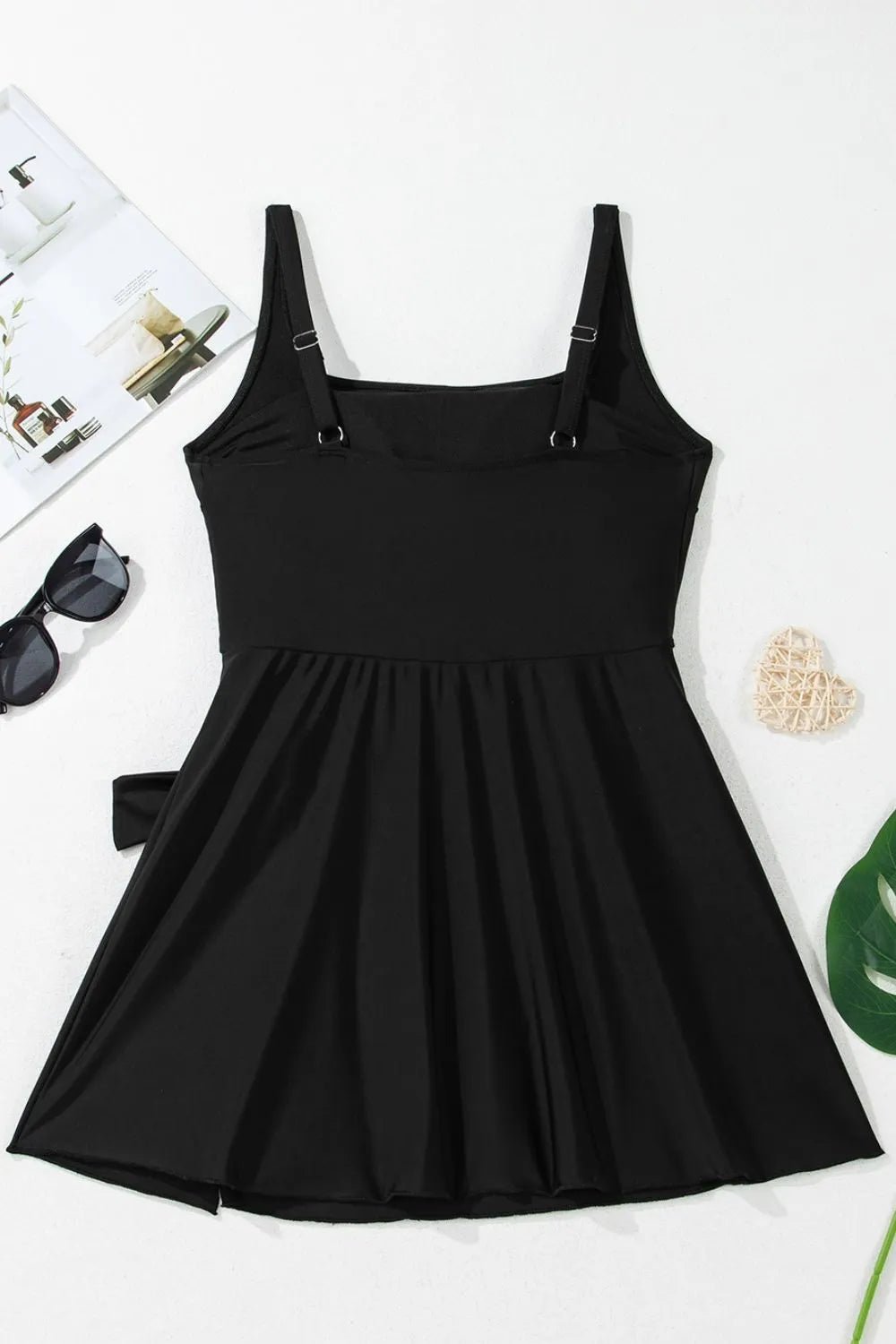 Side Tied Waist Square Neck Adjustable Straps A - line One Piece Swim Dress – Black by Simply Love