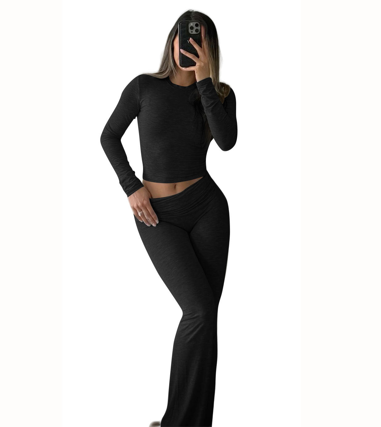 Women’s 2 - Piece Lounge Set – Flared Pants & Long Sleeve Top | Trendy Streetwear & Athleisure – Black Leisure wear