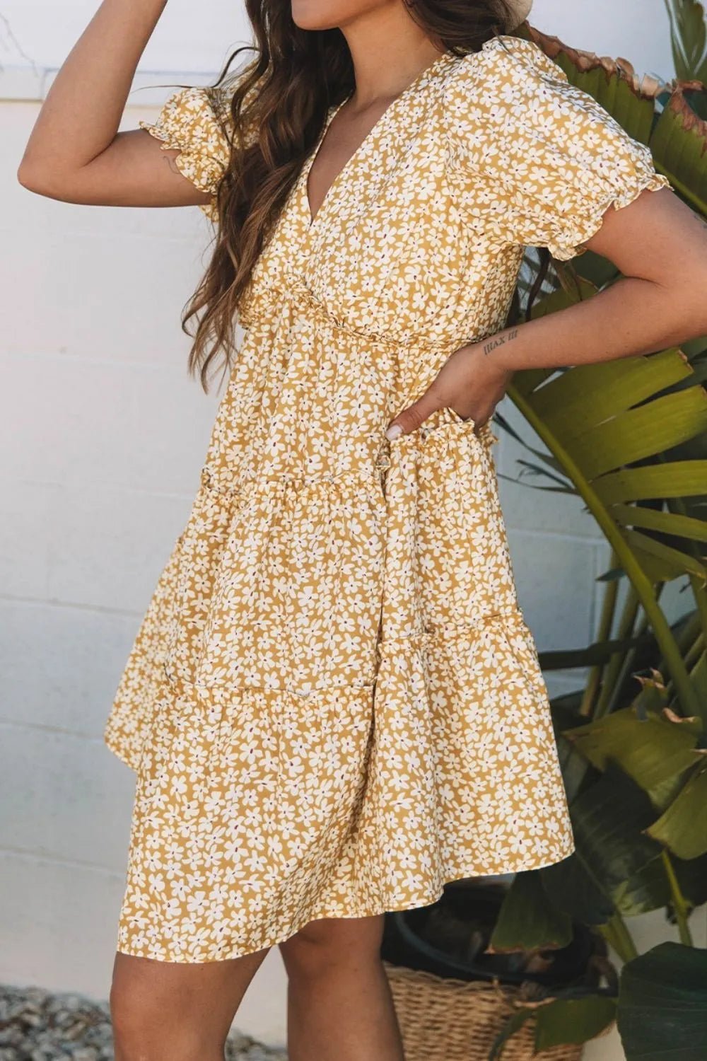 Floral Short Sleeve Surplice Frilly Tiered Mini Dress – Pastel Yellow for Shopify Collective (5 view)