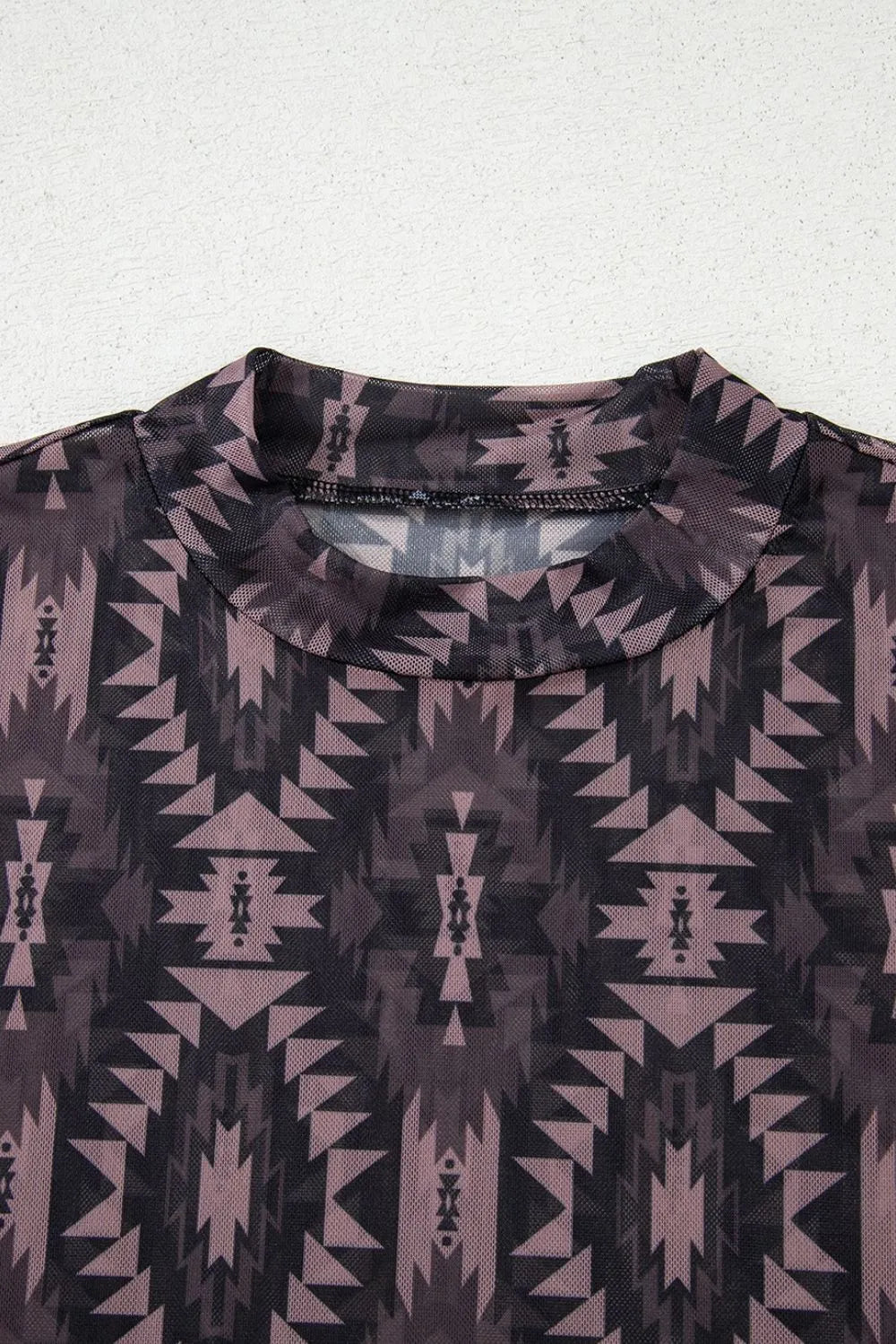 Aztec Print Mock Neck Short Sleeve Mesh T Shirt – Coffee Brown for Shopify Collective (6 view)