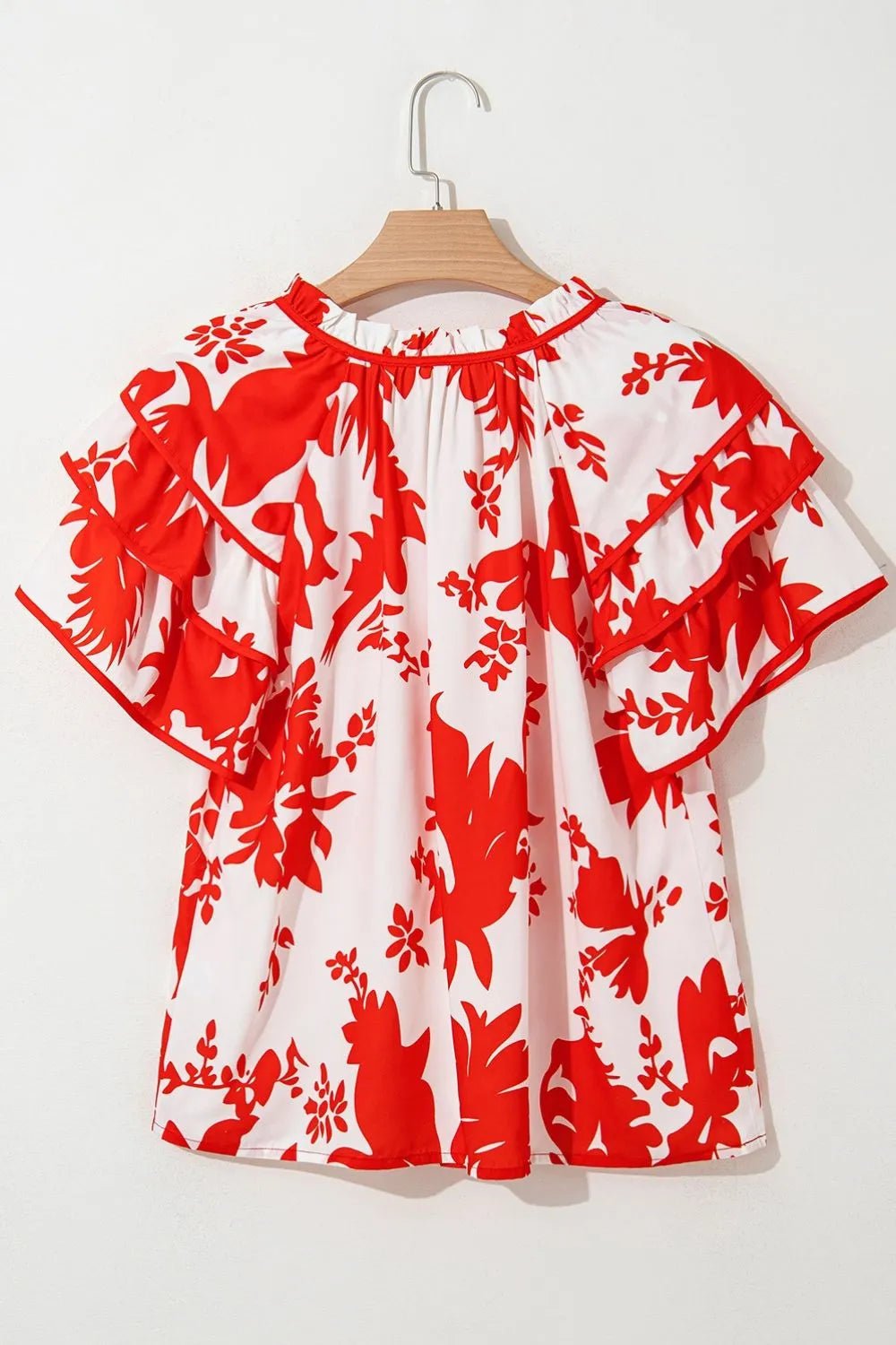 Plant Print Tiered Ruffled Sleeve Tie Neck Blouse – Red for Shopify Collective (8 view)