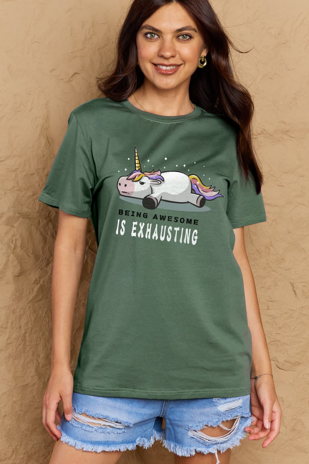 Simply Love Full Size BEING AWESOME IS EXHAUSTING Graphic Cotton Tee – Green Women's Top for Shopify Collective (20 view)