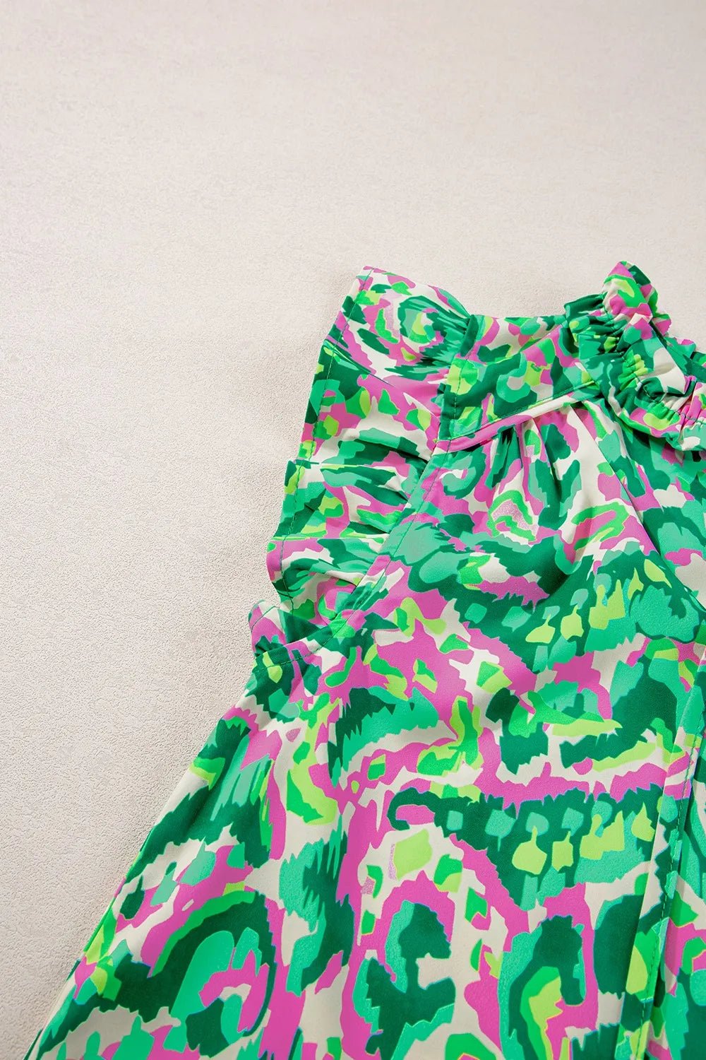 Abstract Print Ruffled Trim Tie Neck Top – Green by Simply Love