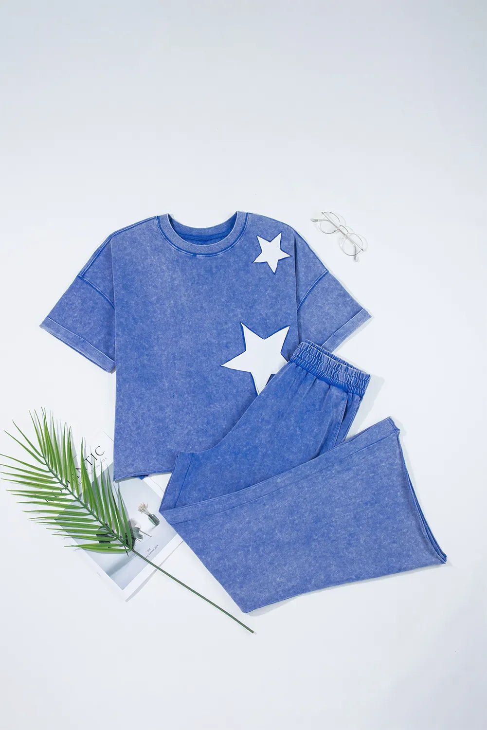 Acid Wash Star Patched Rolled Trim Top and Pants Set – Dusty Blue for Shopify Collective (3 view)