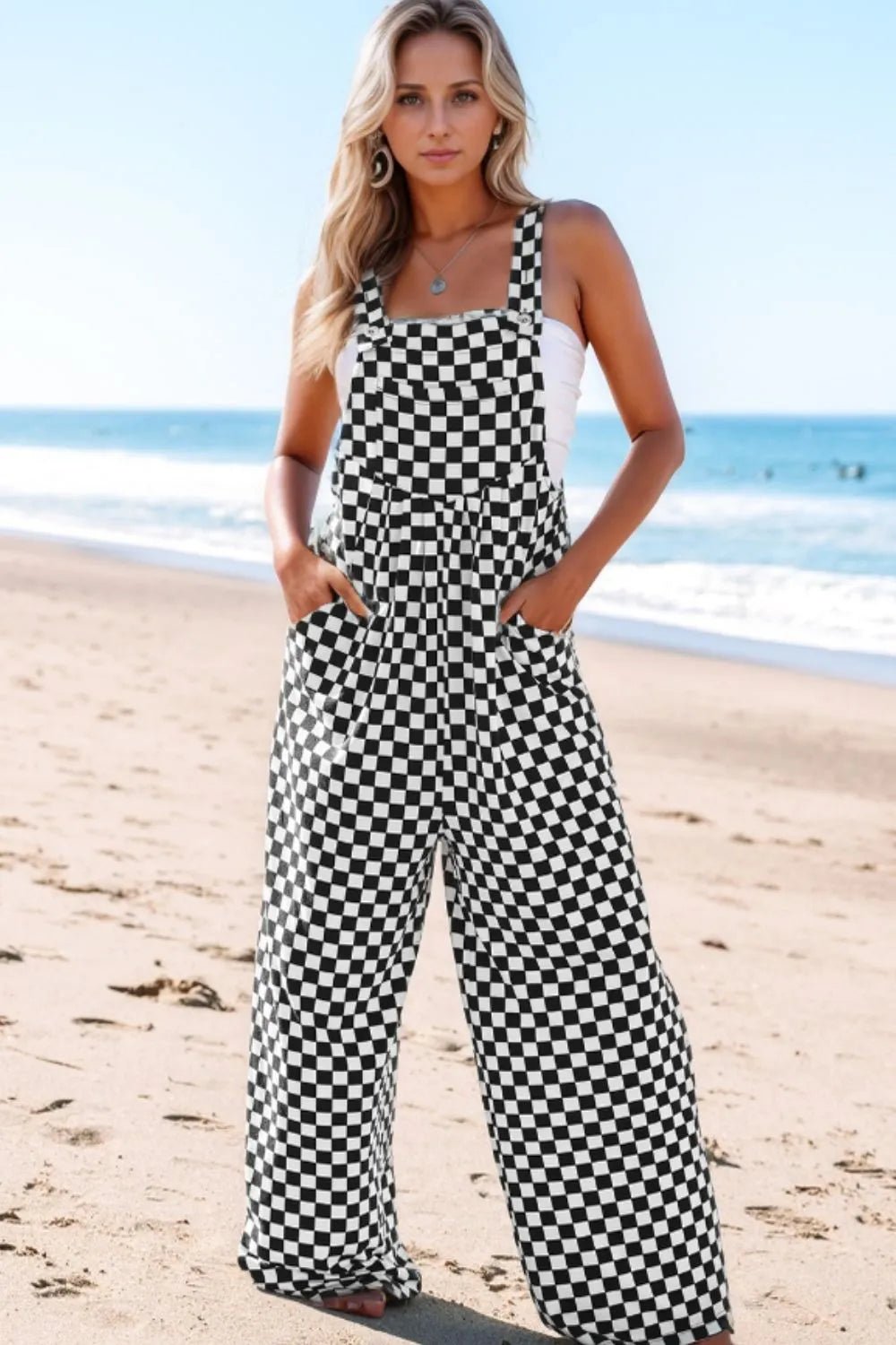 Checkered Print Pocketed Wide Leg Jumpsuit – Black for Shopify Collective (1 view)