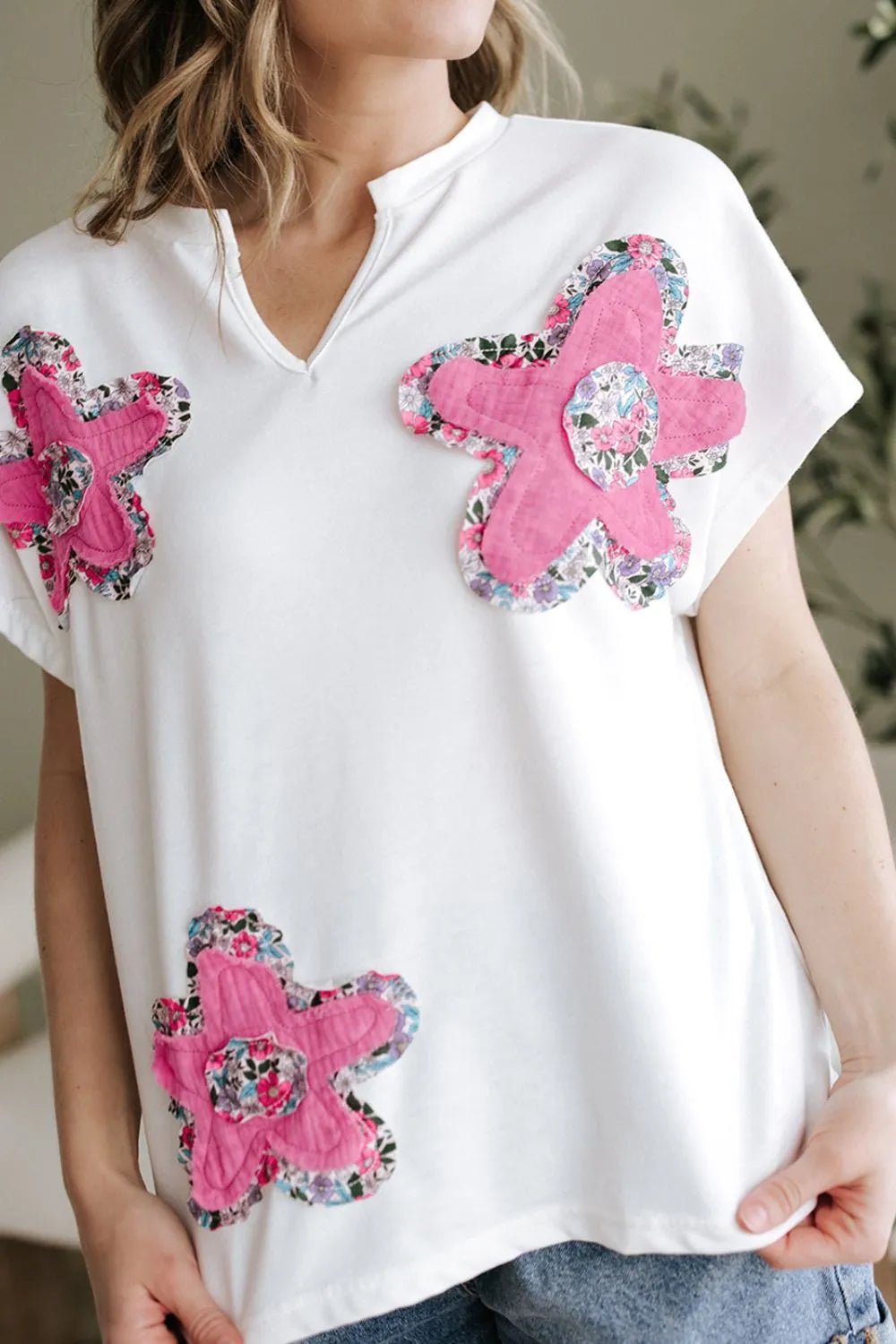 Floral Applique Notched Dolman Sleeve Top – White for Shopify Collective (5 view)