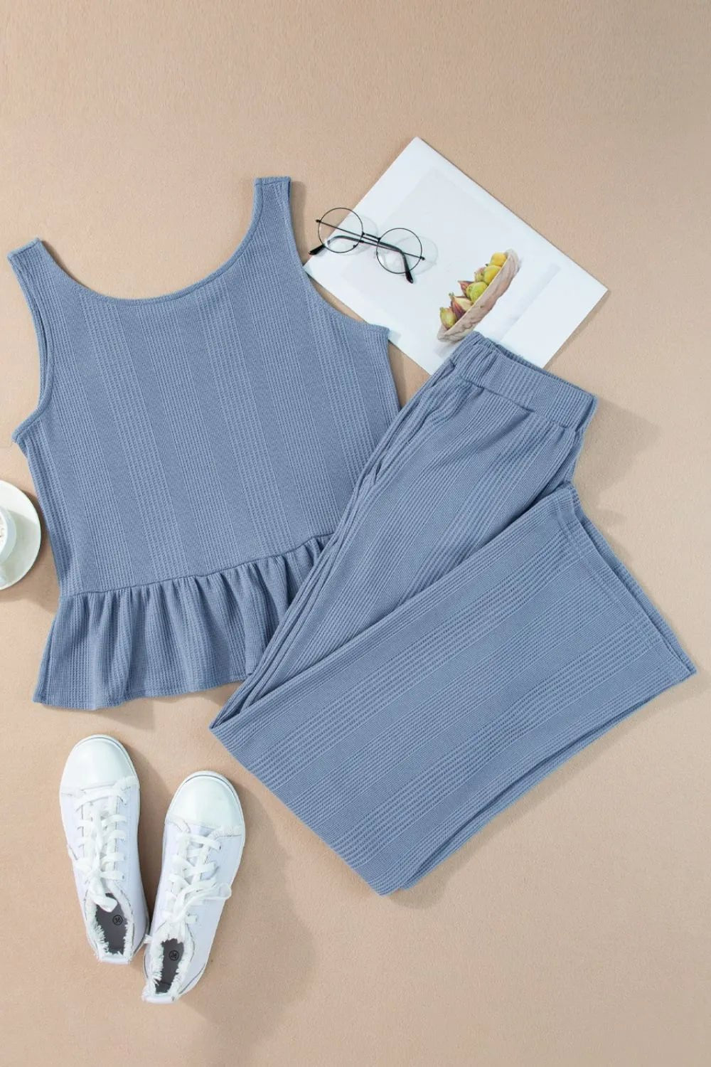Color Ribbed Ruffle Tank Top and Pants Set – Dusty Blue for Shopify Collective (6 view)