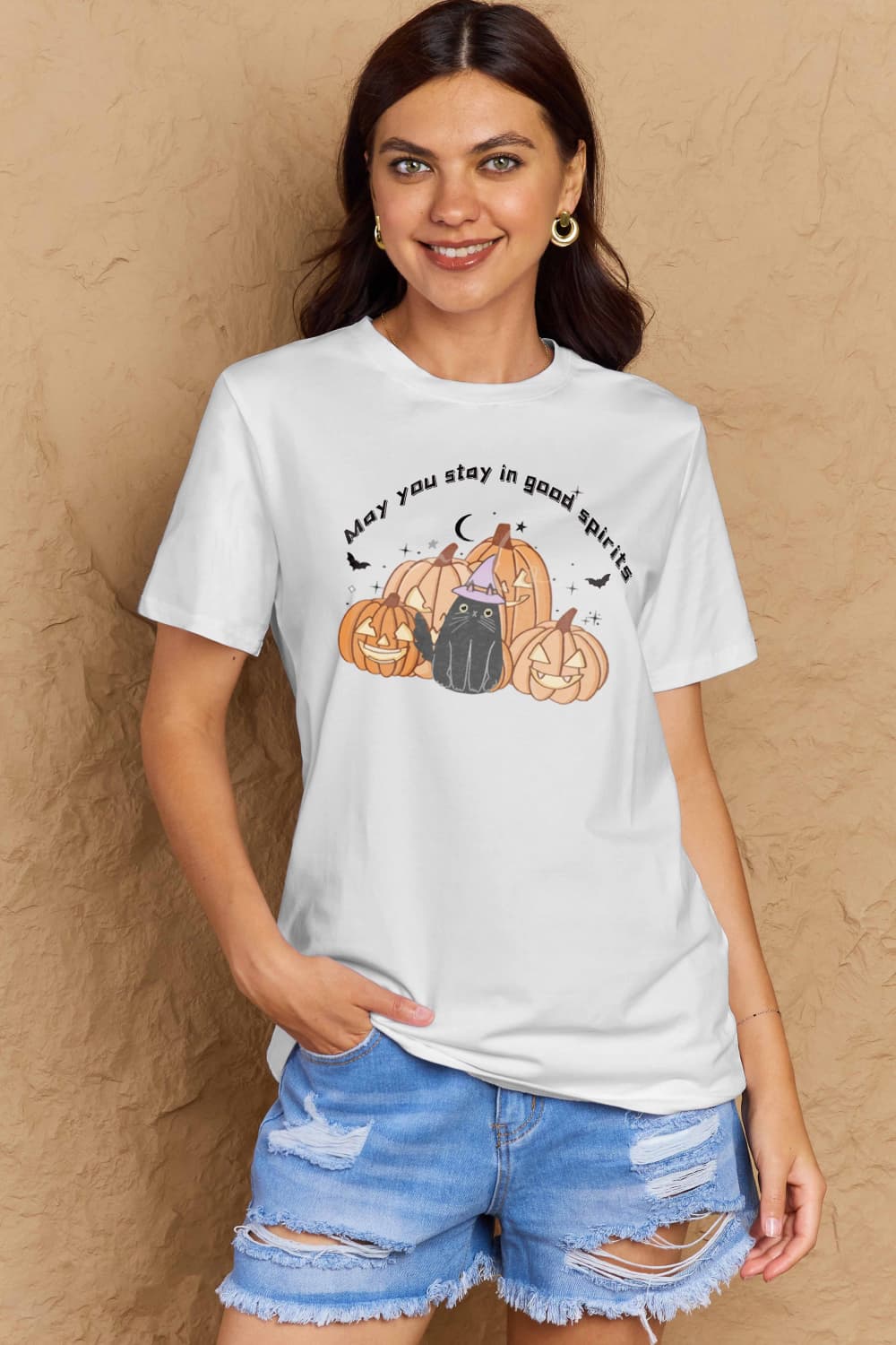 Simply Love Full Size MAY YOU STAY IN GOOD SPIRITS Graphic Cotton T-Shirt – Bleach Women's Top for Shopify Collective (10 view)