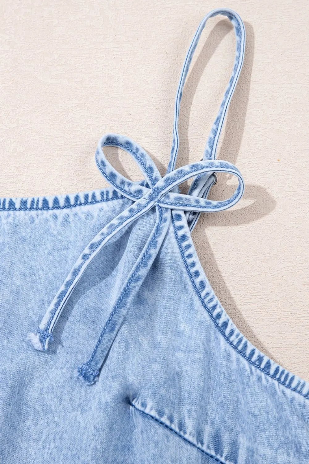 Bow Detail Spaghetti Straps Ruffle Hem Denim Dress – Light Blue Dresses for Shopify Collective (9 view)