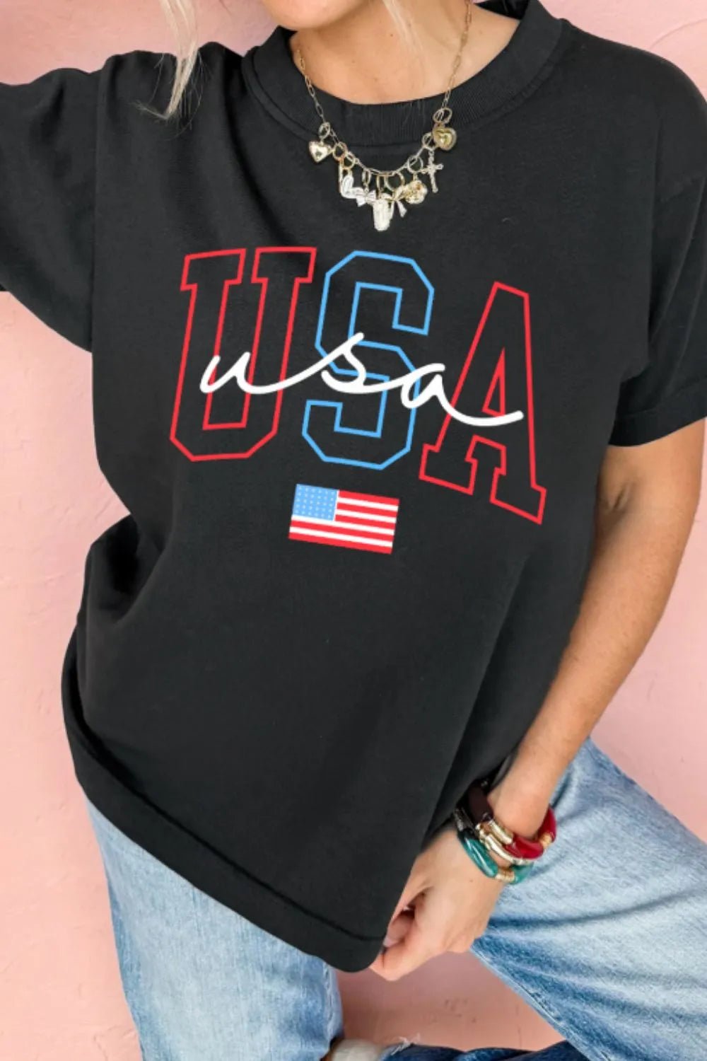 USA Round Neck Short Sleeve T-Shirt – Black for Shopify Collective (3 view)