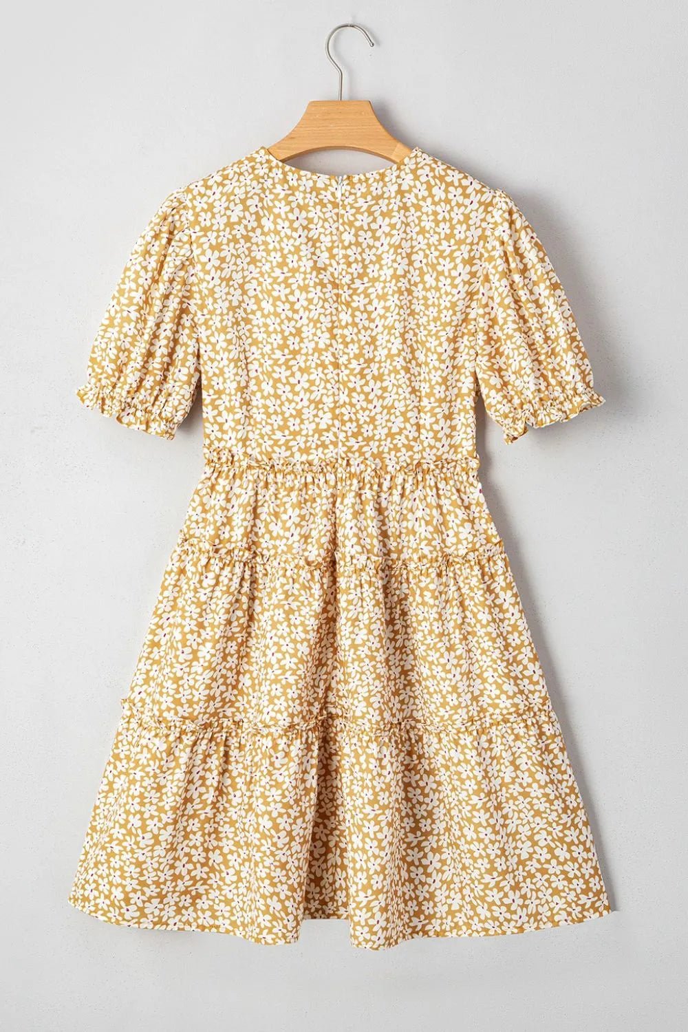 Floral Short Sleeve Surplice Frilly Tiered Mini Dress – Pastel Yellow for Shopify Collective (7 view)