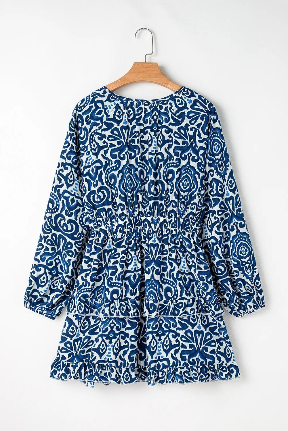 Printed Tie Neck Long Sleeve Dress – Peacock Blue for Shopify Collective (3 view)