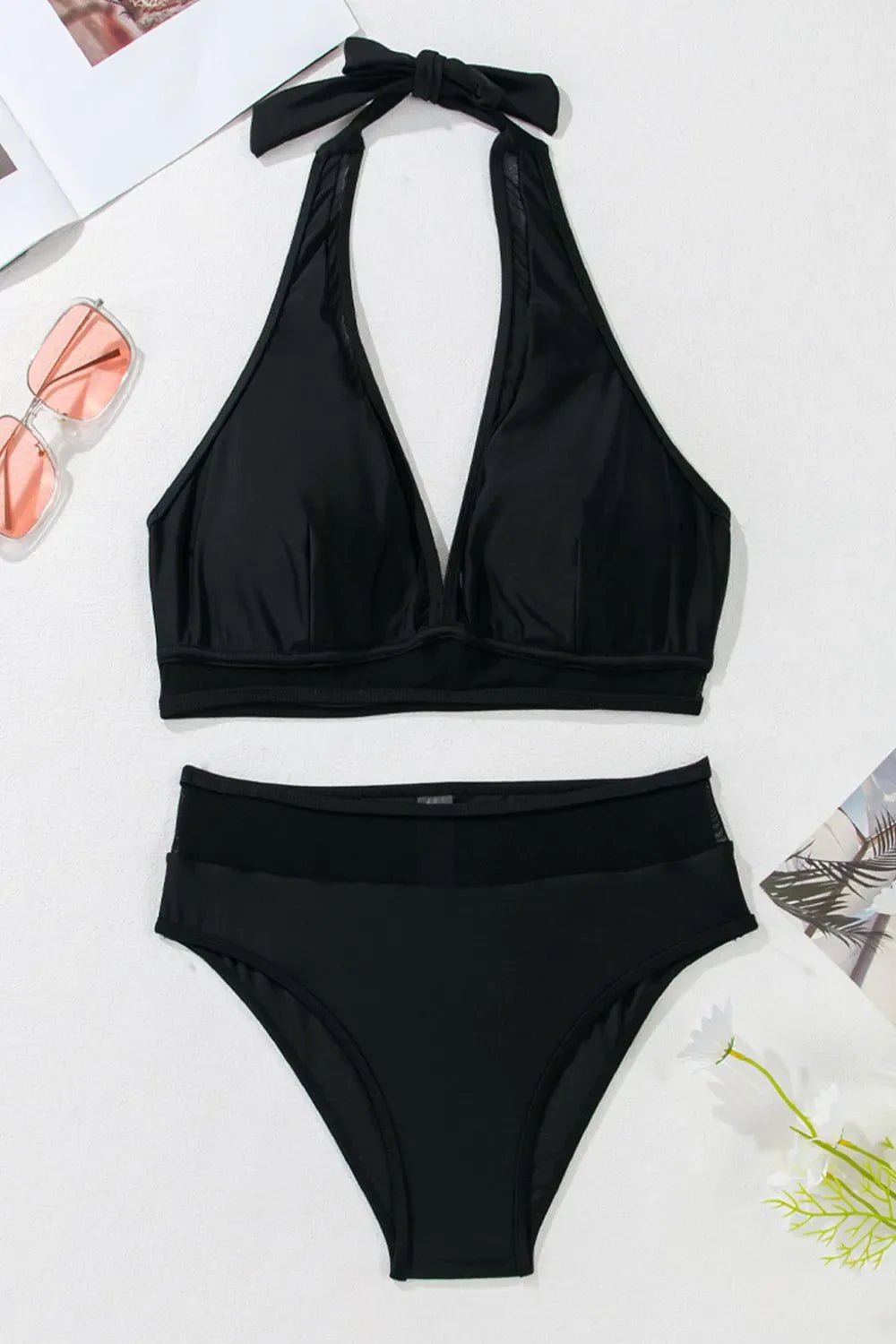 Sheer Mesh Edged Halter V Neck Push Up Bikini Set – Black for Shopify Collective (9 view)