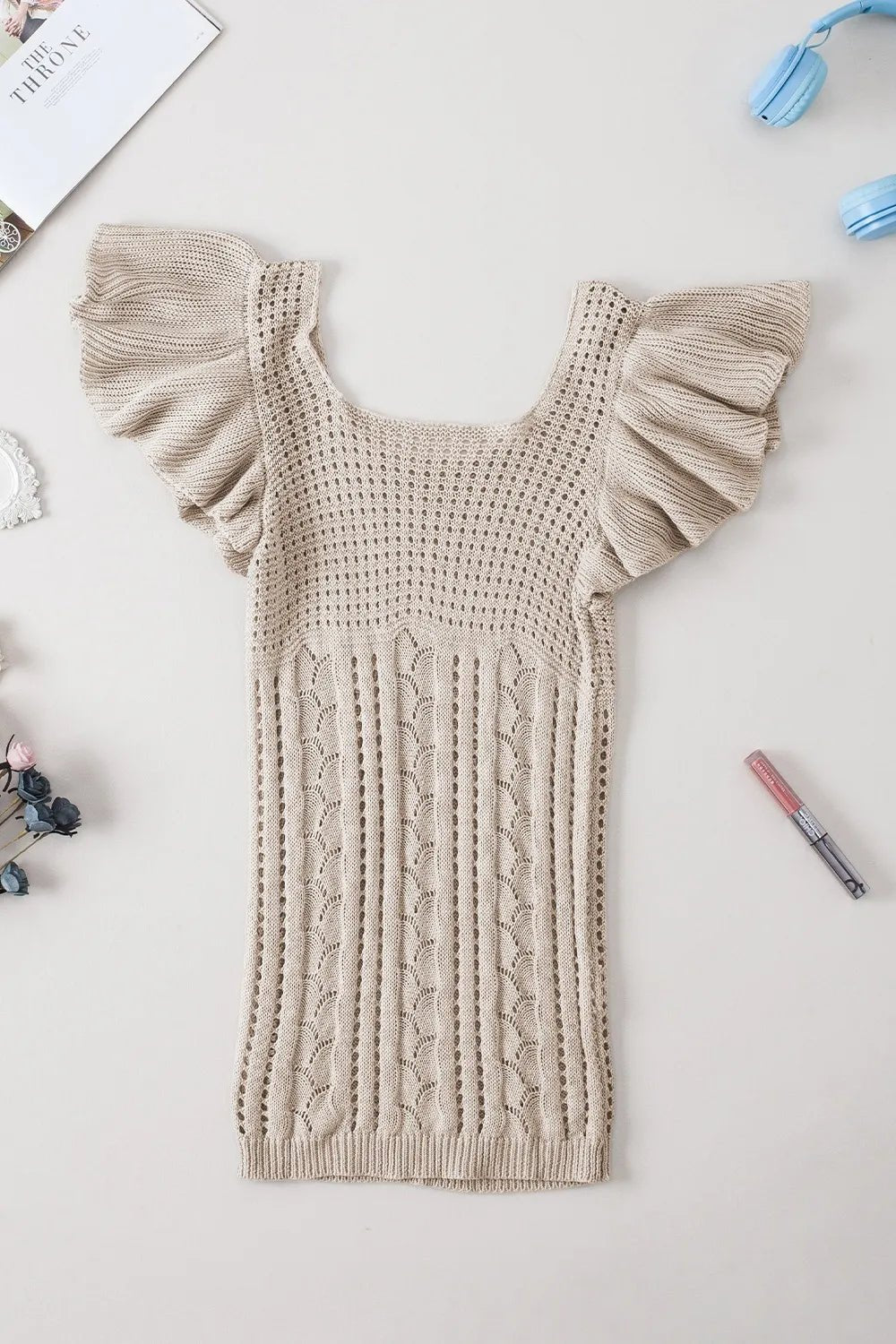 Openwork Ruffled Scoop Neck Knit Top – Khaki for Shopify Collective (10 view)