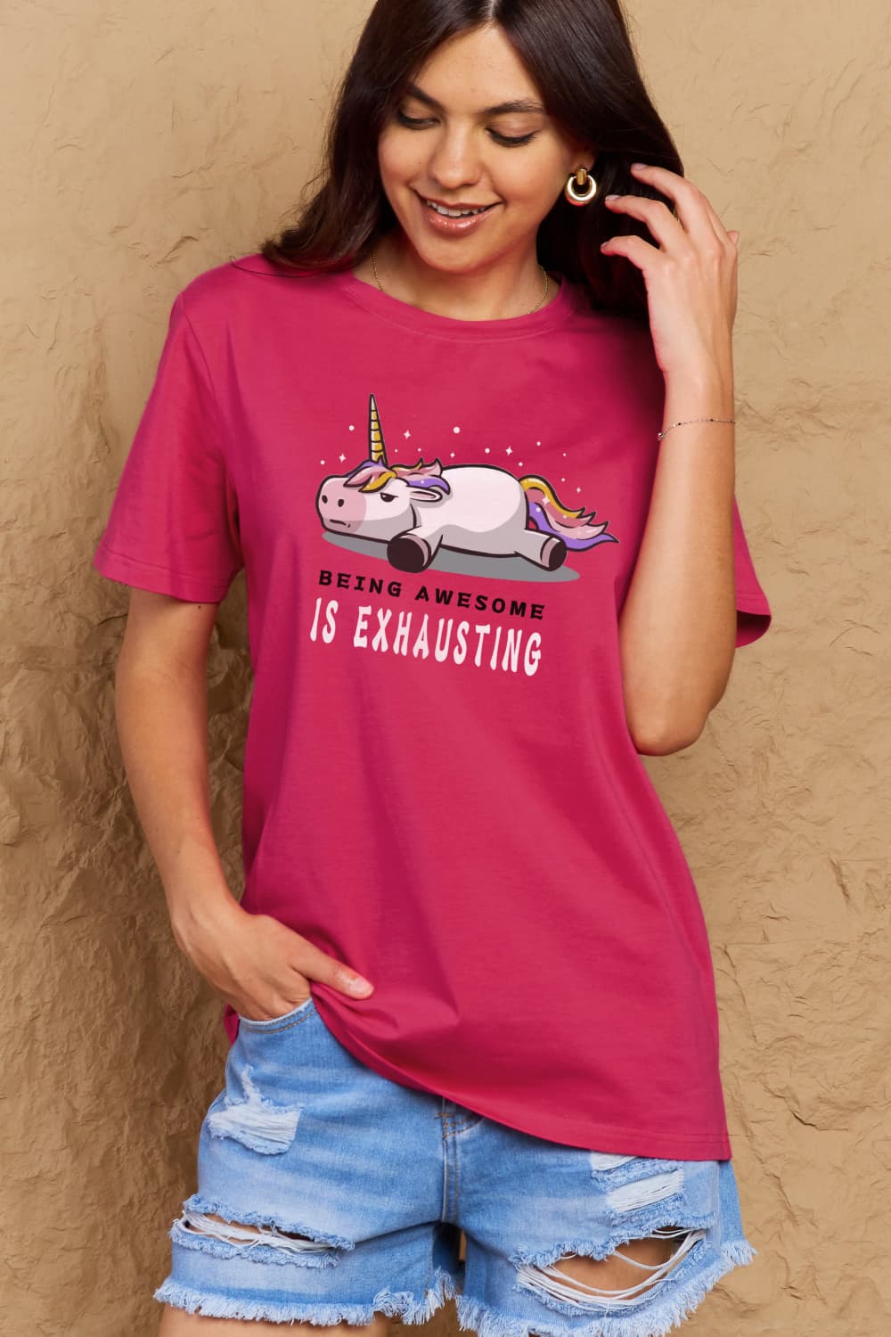 Simply Love Full Size BEING AWESOME IS EXHAUSTING Graphic Cotton Tee – Deep Rose Women's Top for Shopify Collective (3 view)
