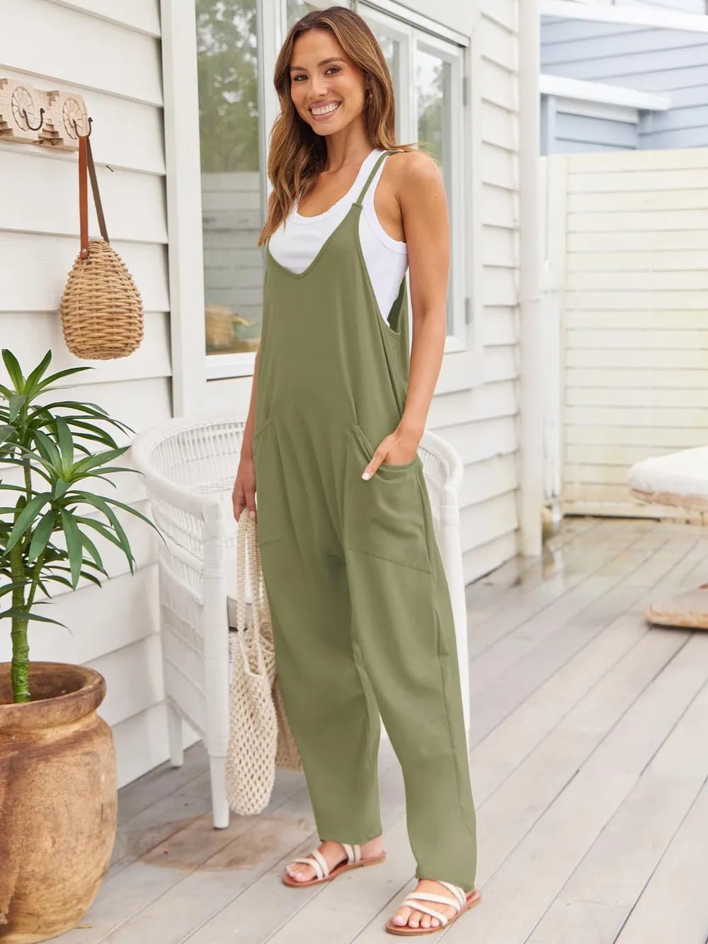 V - Neck Spaghetti Strap Jumpsuit – Matcha Green for Shopify Collective (33 view)