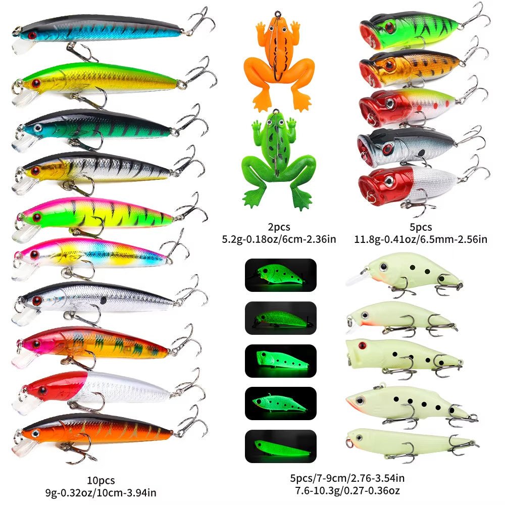 22pc Lure Kit – Hard & Soft Baits, Popper, Minnow, Frog, – Fishing Gear by SbrTnHomes