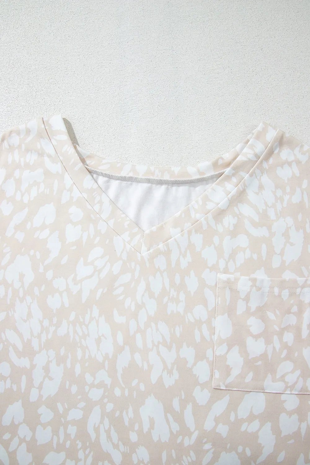 Leopard Print V Neck Side Slit Loose Fit T Shirt – Eggshell for low - stock - alert - sent (7 view)