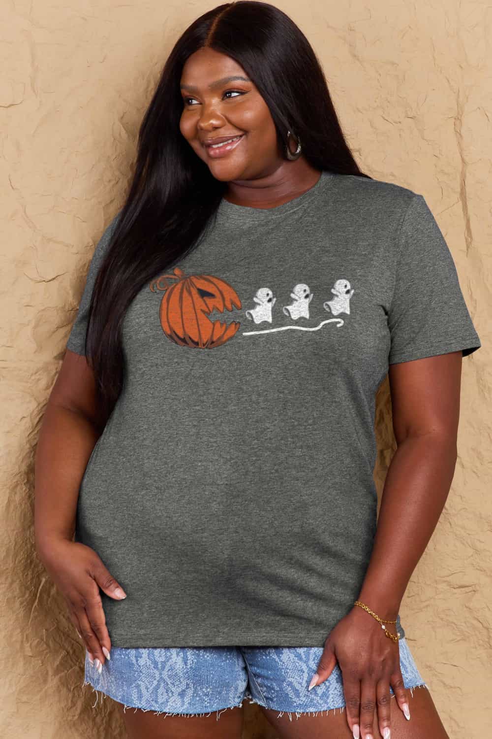 Simply Love Full Size Jack - O' - Lantern Graphic Cotton Tee – Charcoal Women's Top for Shopify Collective (4 view)