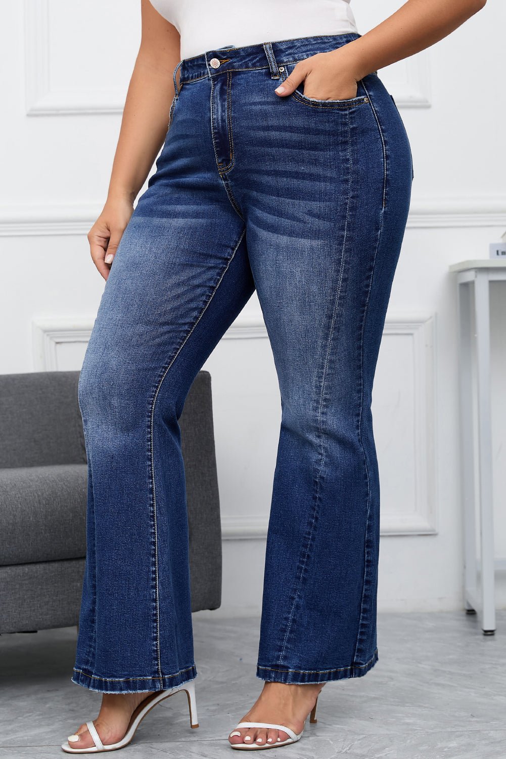 Aila Dark Blue Plus Size Stitching Flare Jeans – Dark Blue Plus Size/Plus Size Bottoms for glowup (3 view)