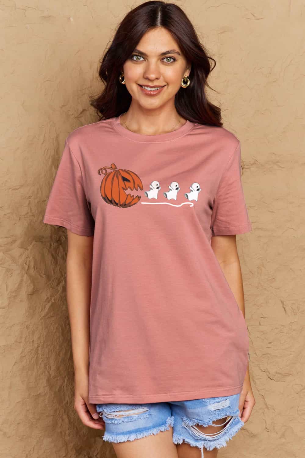 Simply Love Full Size Jack - O' - Lantern Graphic Cotton Tee – Dusty Pink Women's Top for Shopify Collective (7 view)
