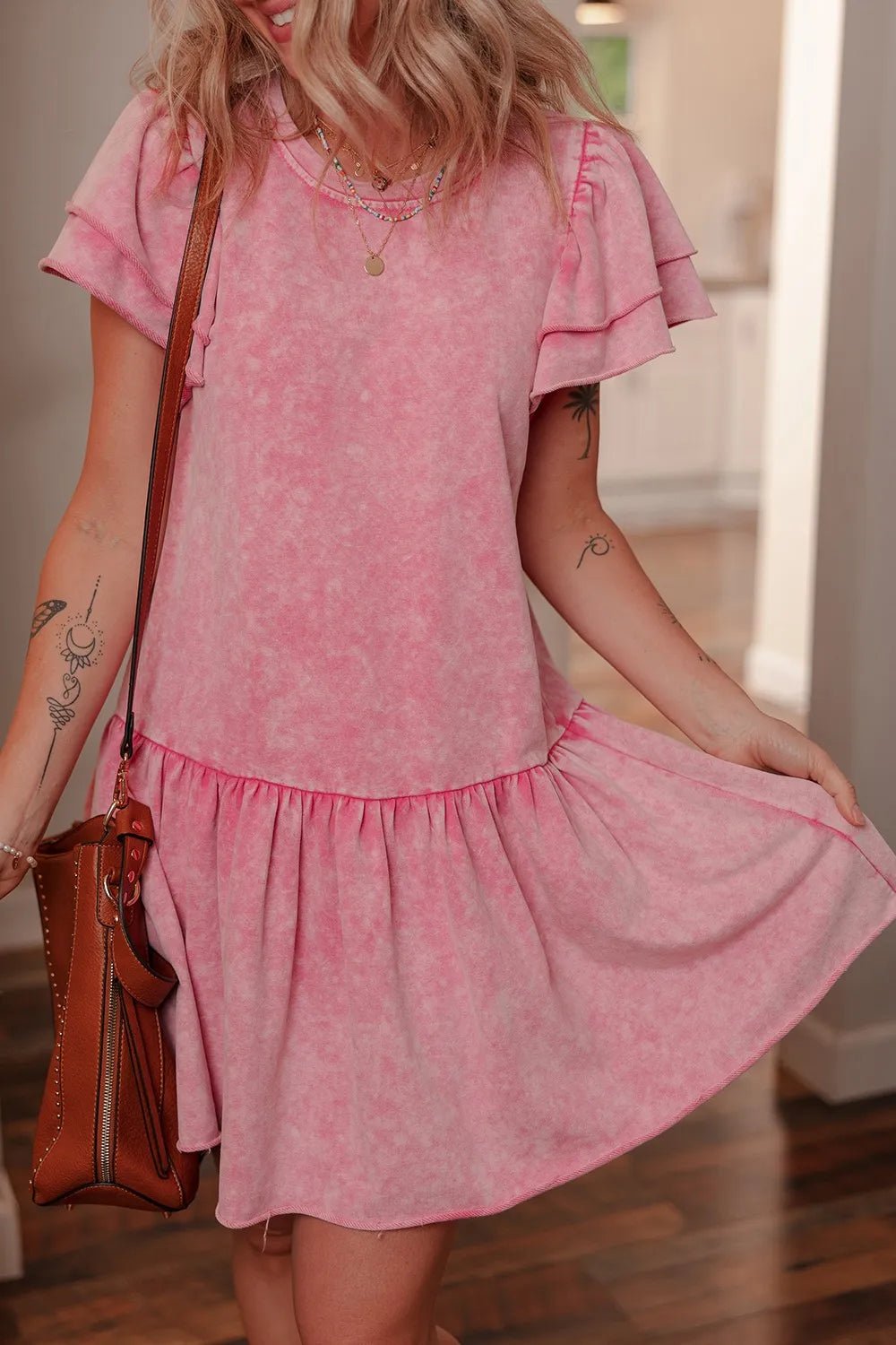 Mineral Wash Raw Edge Ruffle Mini Dress – Dusty Pink by Simply Love