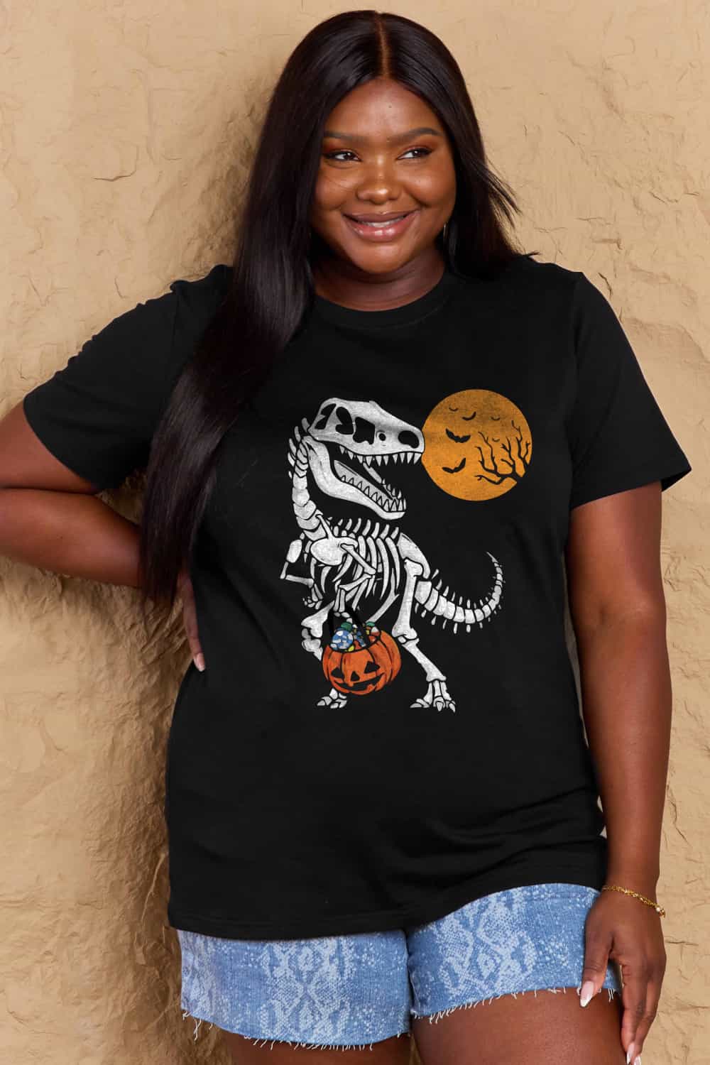 Simply Love Full Size Dinosaur Skeleton Graphic Cotton Tee – Black Women's Top for Shopify Collective (4 view)