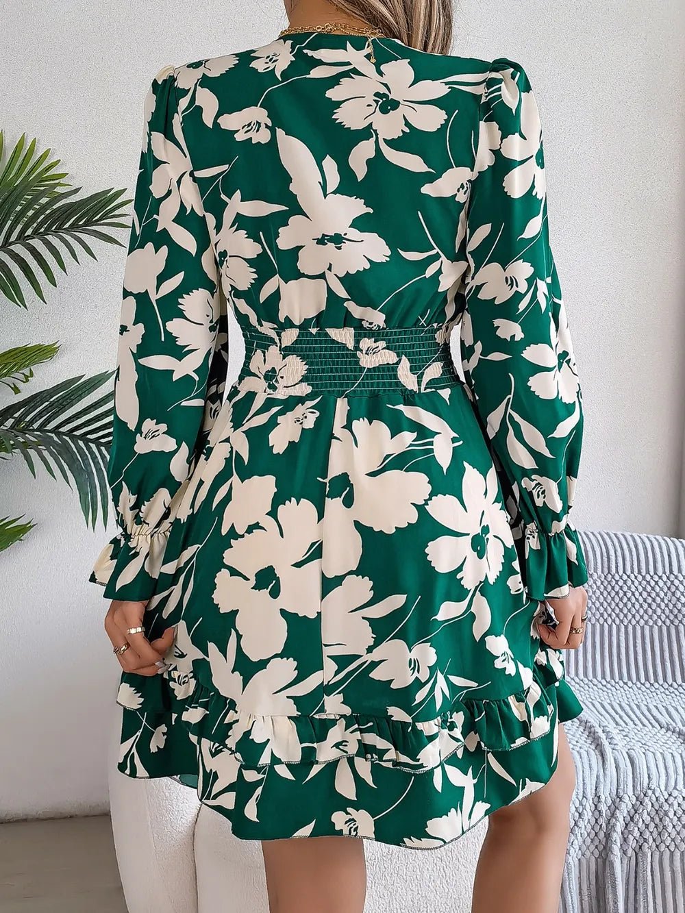 Tied Ruffled Printed Long Sleeve Dress – Dark Green Women's Top for Shopify Collective (10 view)