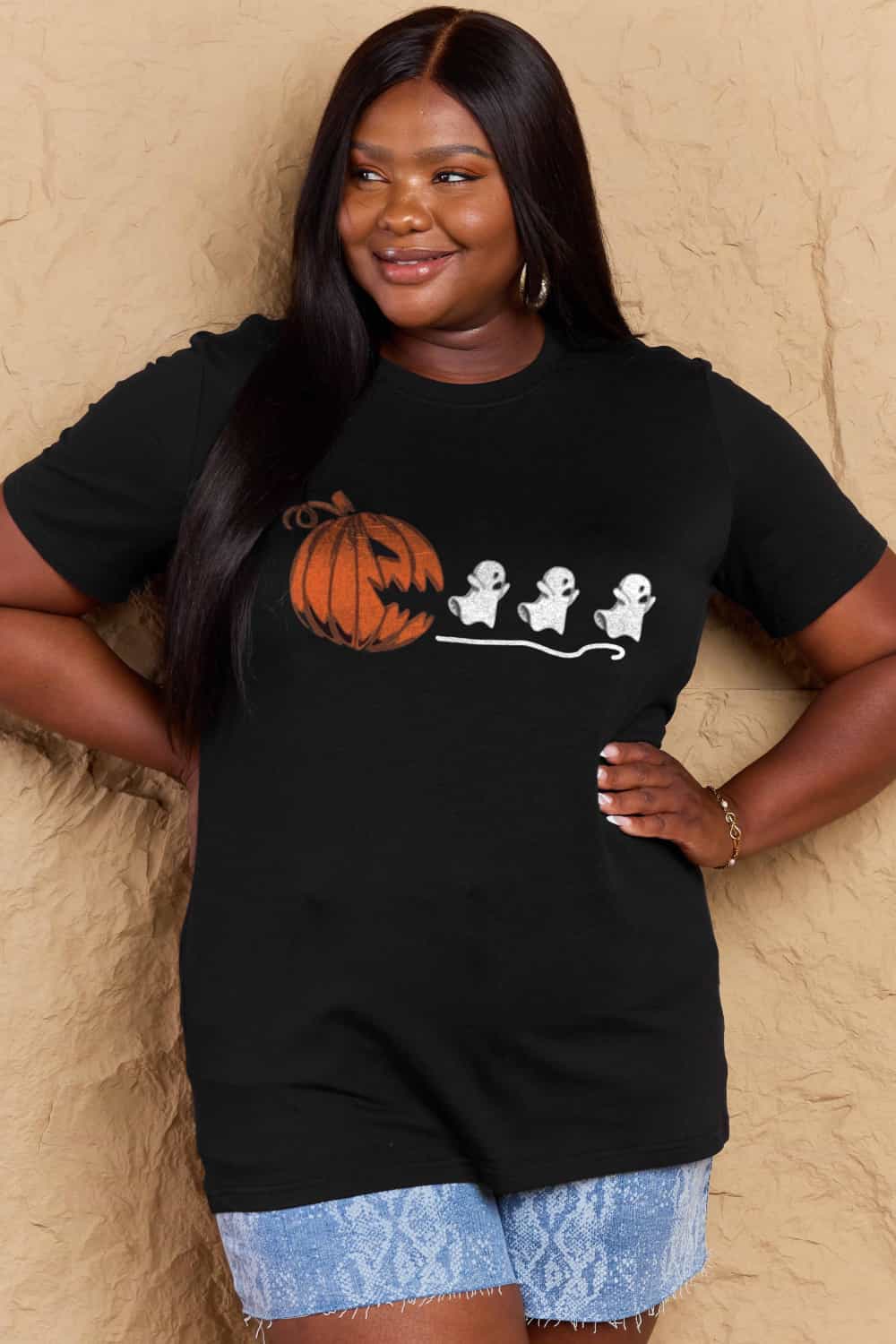 Simply Love Full Size Jack - O' - Lantern Graphic Cotton Tee – Black Women's Top for Shopify Collective (17 view)