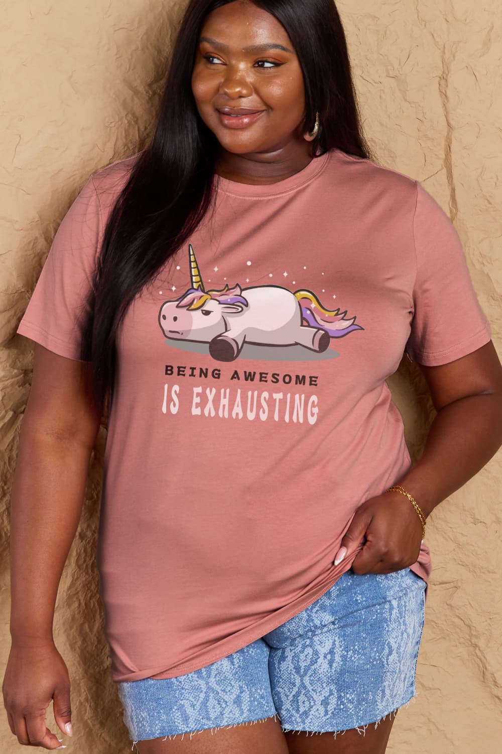 Simply Love Full Size BEING AWESOME IS EXHAUSTING Graphic Cotton Tee – Dusty Pink Women's Top for Shopify Collective (11 view)