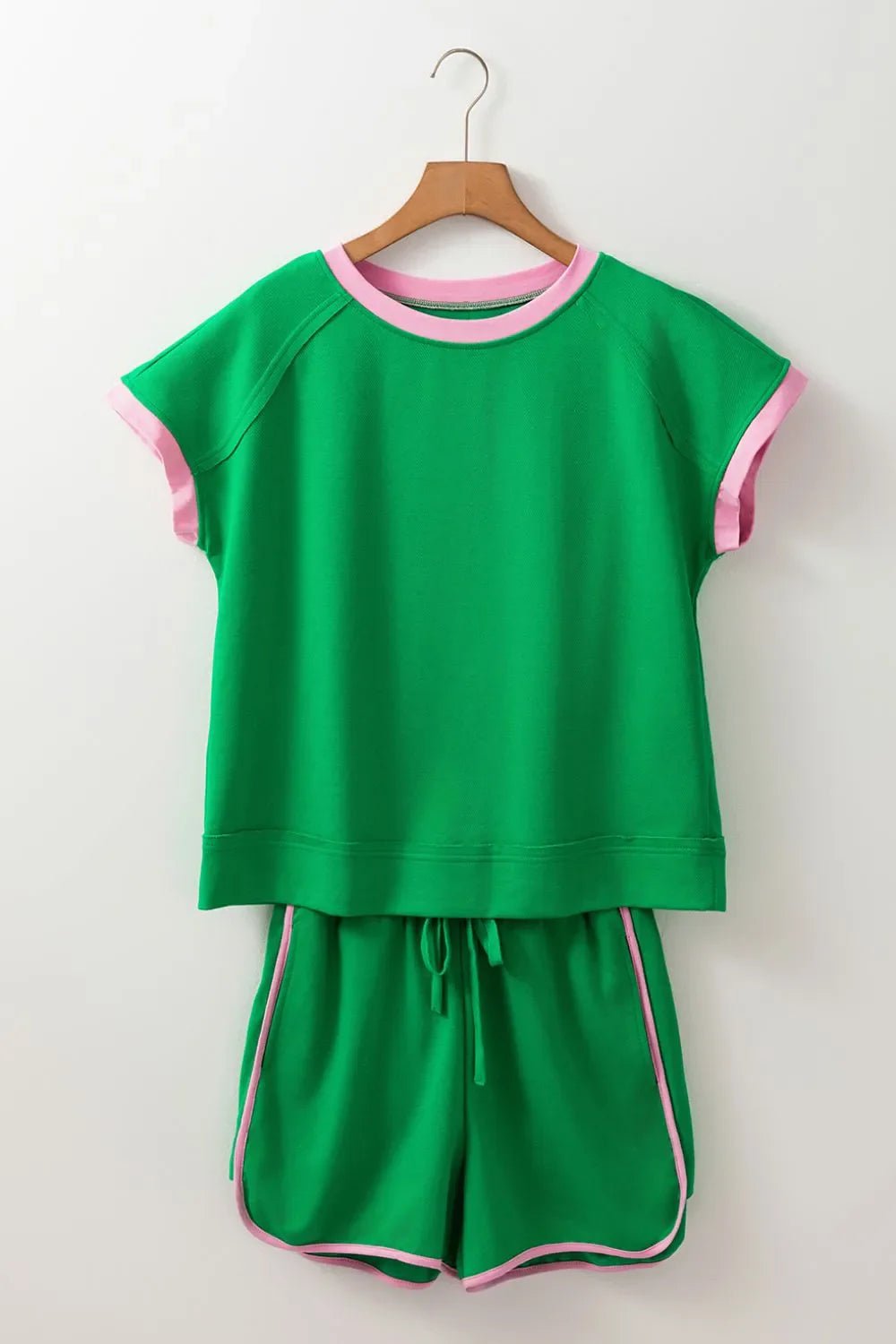 Two Tone Contrast Textured Crewneck Tee and Shorts Set – Green Women's Top for Shopify Collective (6 view)