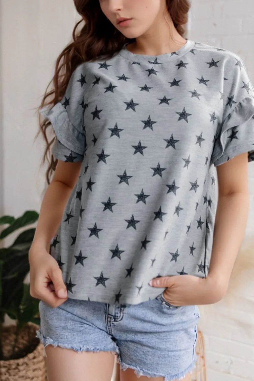 Star Print Tiered Ruffled Sleeve Crew Neck T Shirt – Gray by Simply Love