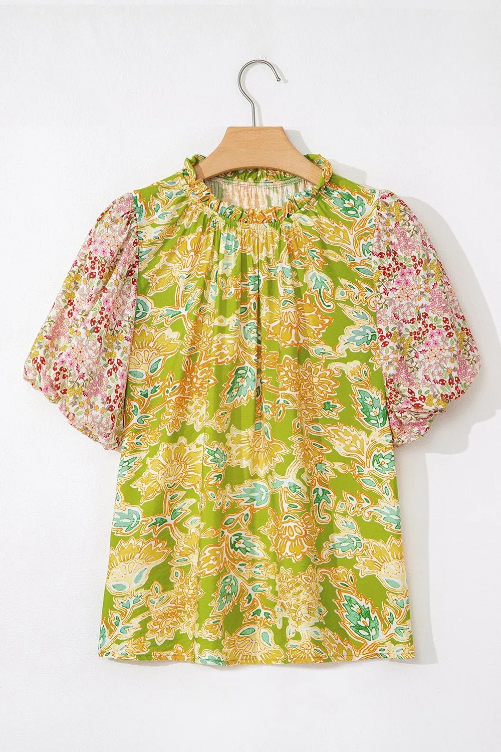 Multicolour Printed Contrast Bubble Sleeve Patchwork Blouse – Floral Top for Shopify Collective (4 view)