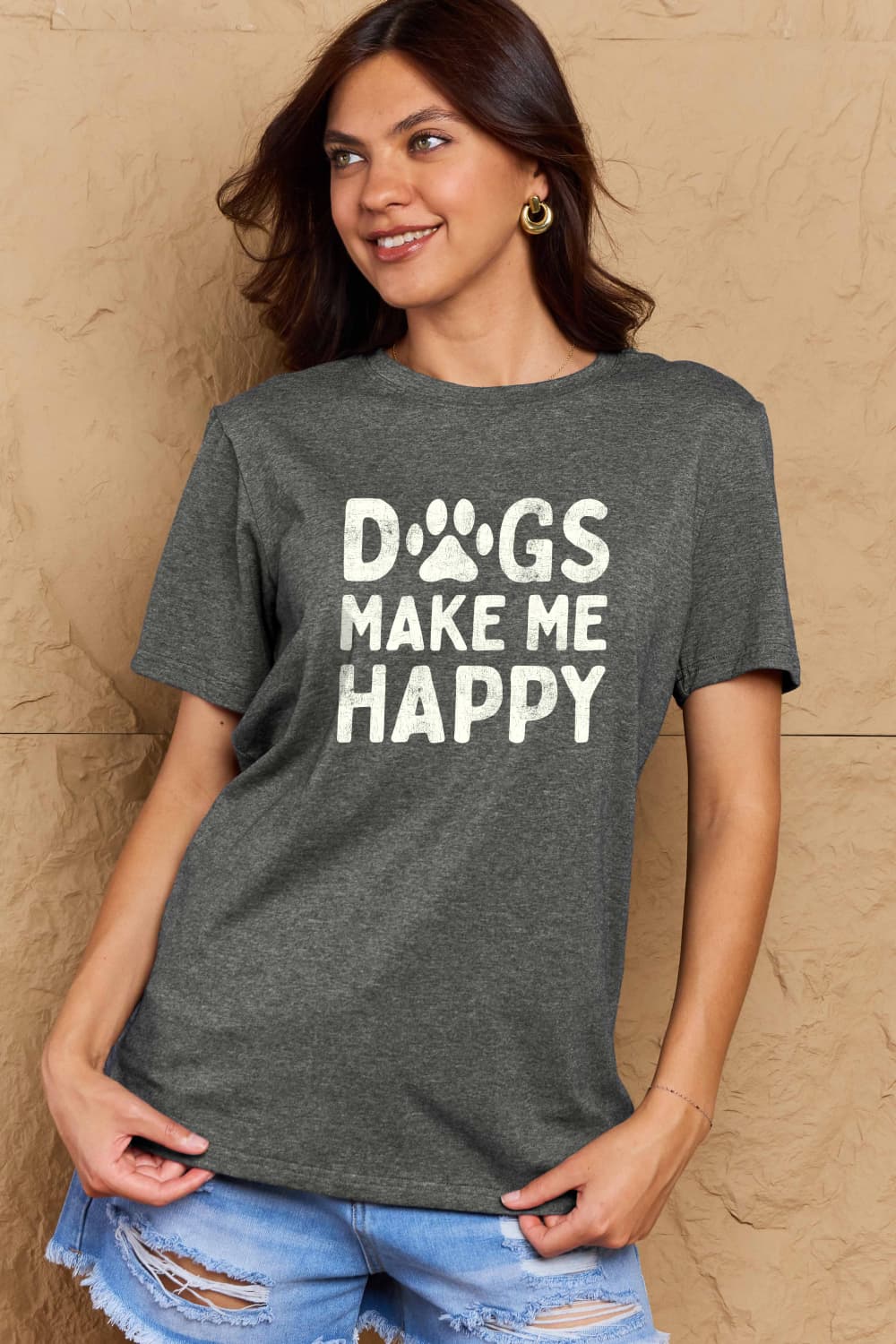 Simply Love Full Size DOGS MAKE ME HAPPY Graphic Cotton T-Shirt – Charcoal Women's Top for Shopify Collective (16 view)