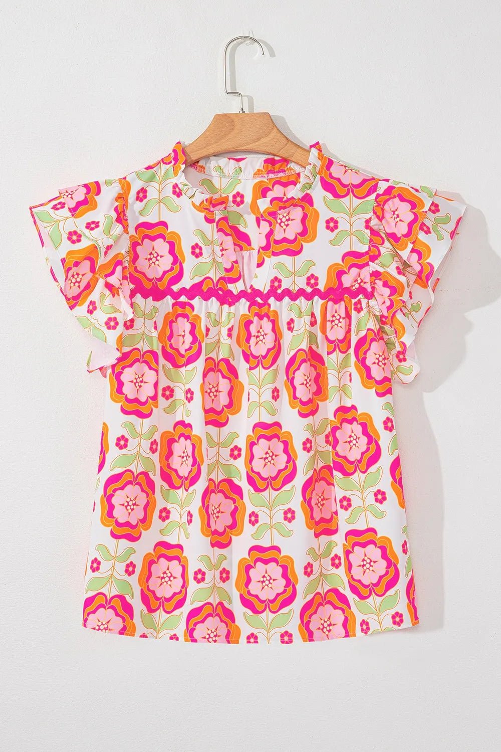 Floral Ruffled Sleeve Ric - Rac Trim Split Neck Loose Blouse – Floral by Simply Love