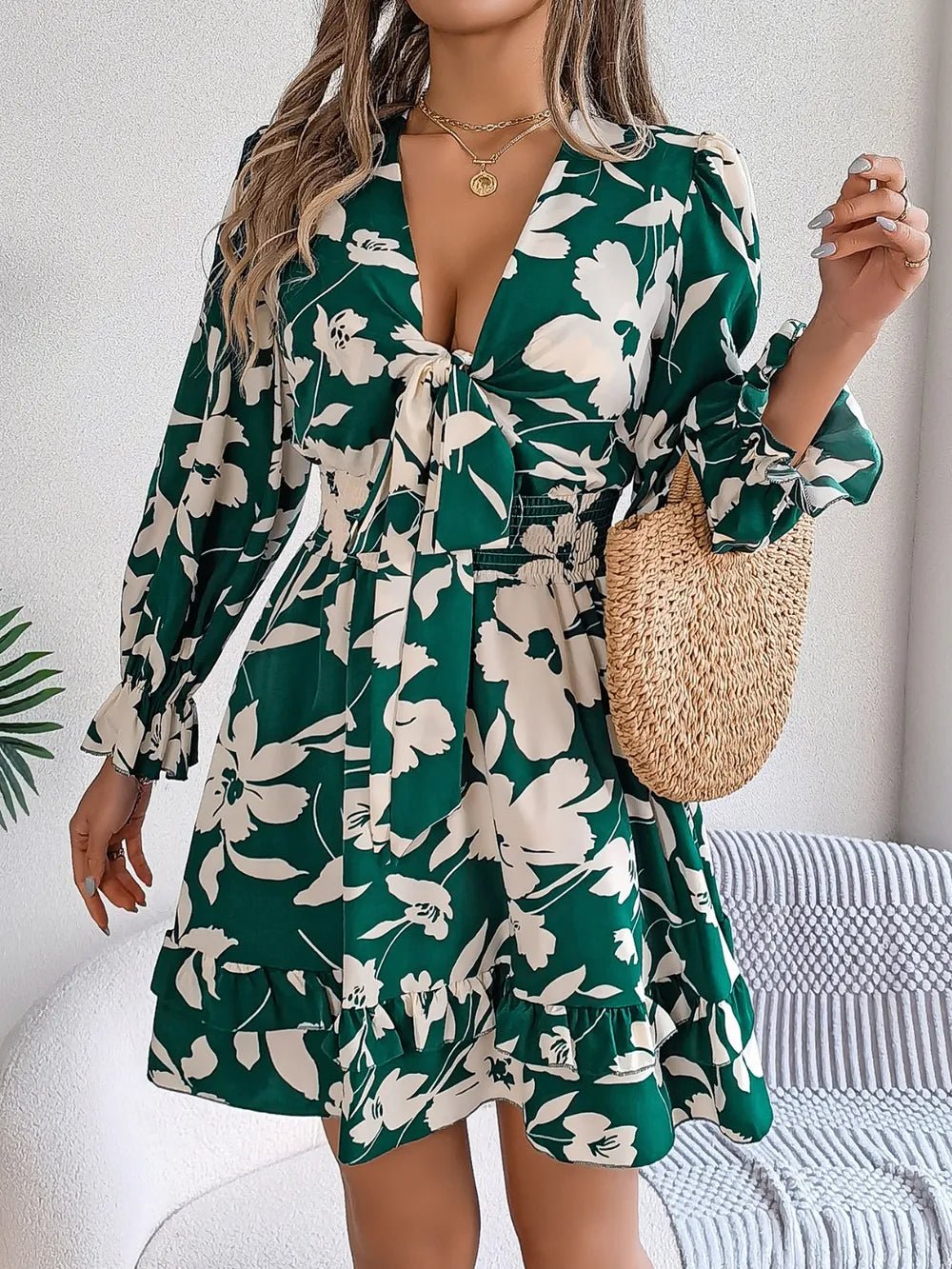 Tied Ruffled Printed Long Sleeve Dress – Dark Green Women's Top for Shopify Collective (11 view)