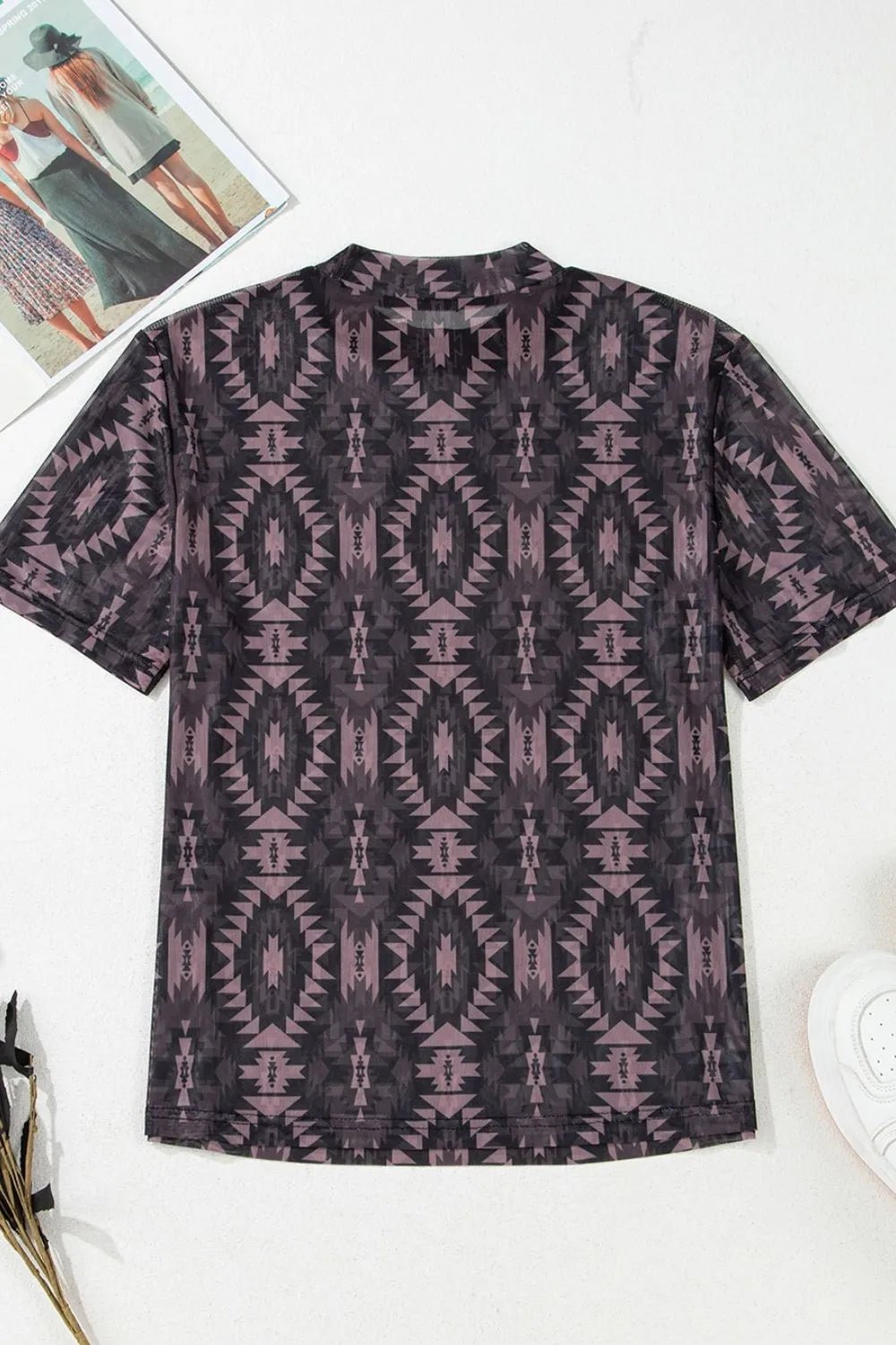 Aztec Print Mock Neck Short Sleeve Mesh T Shirt – Coffee Brown for Shopify Collective (5 view)