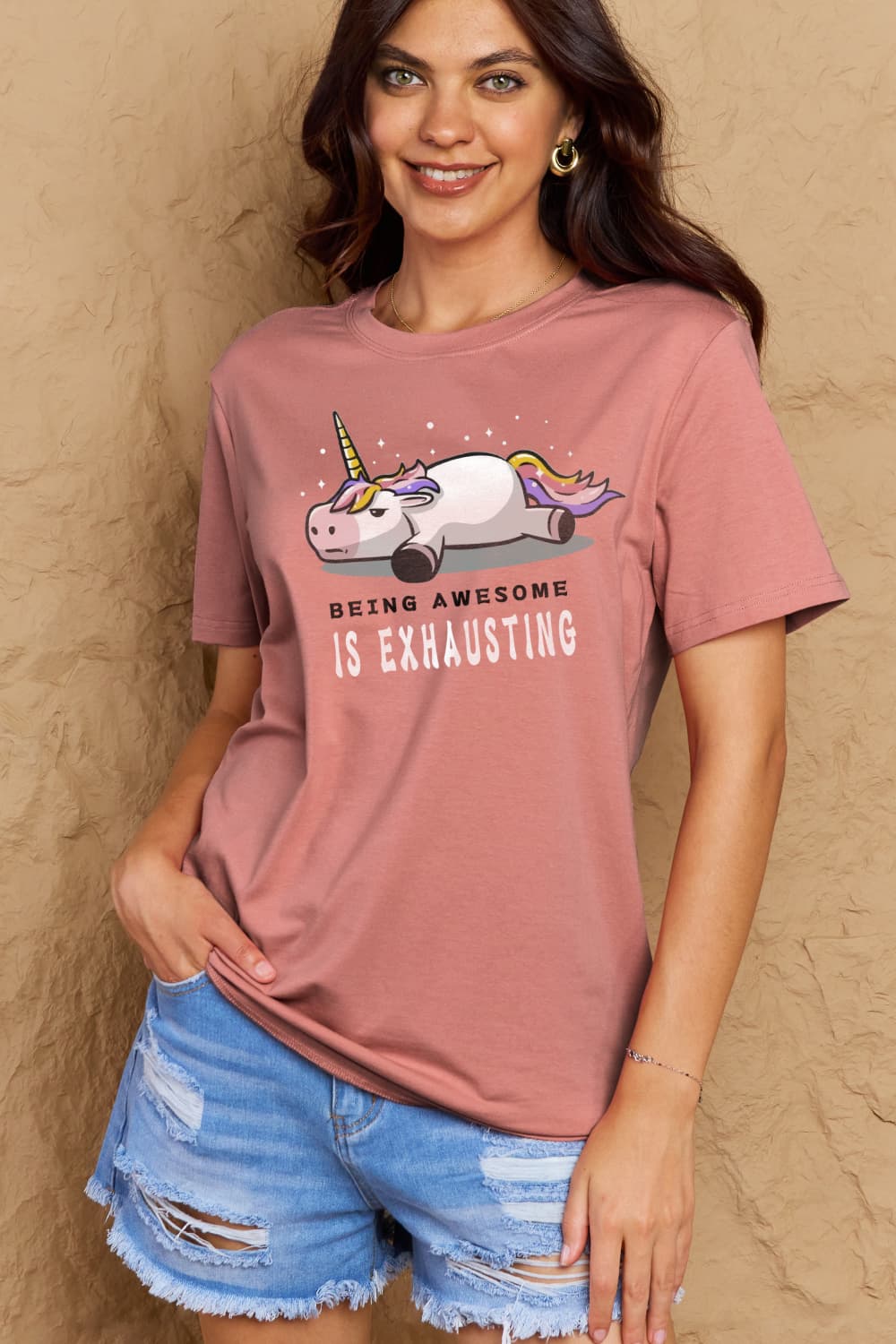 Simply Love Full Size BEING AWESOME IS EXHAUSTING Graphic Cotton Tee – Deep Rose Women's Top for Shopify Collective (7 view)