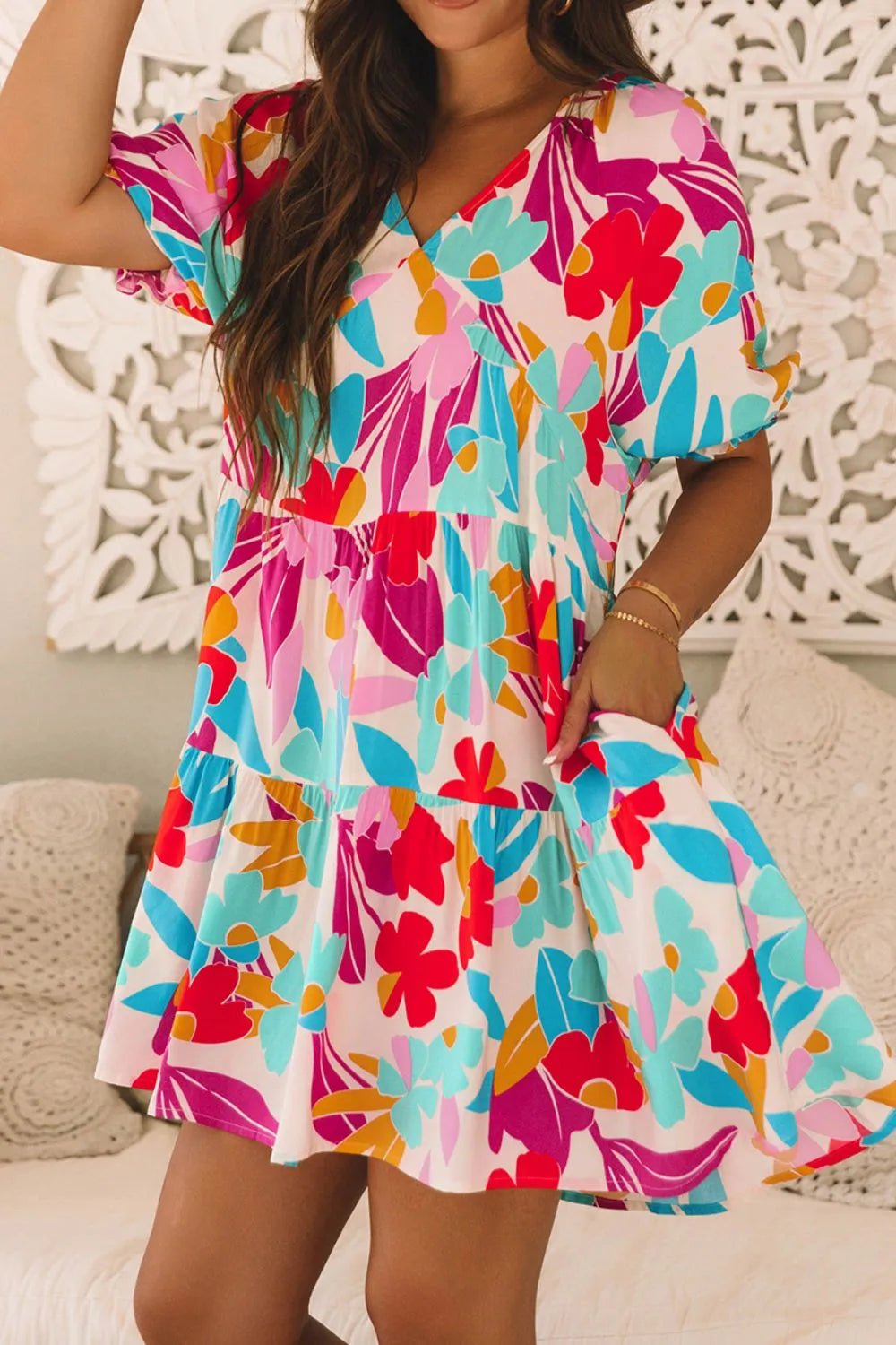Floral Bubble Sleeve V Neck Tiered Ruffle Babydoll Dress – Floral Dresses for Shopify Collective (5 view)