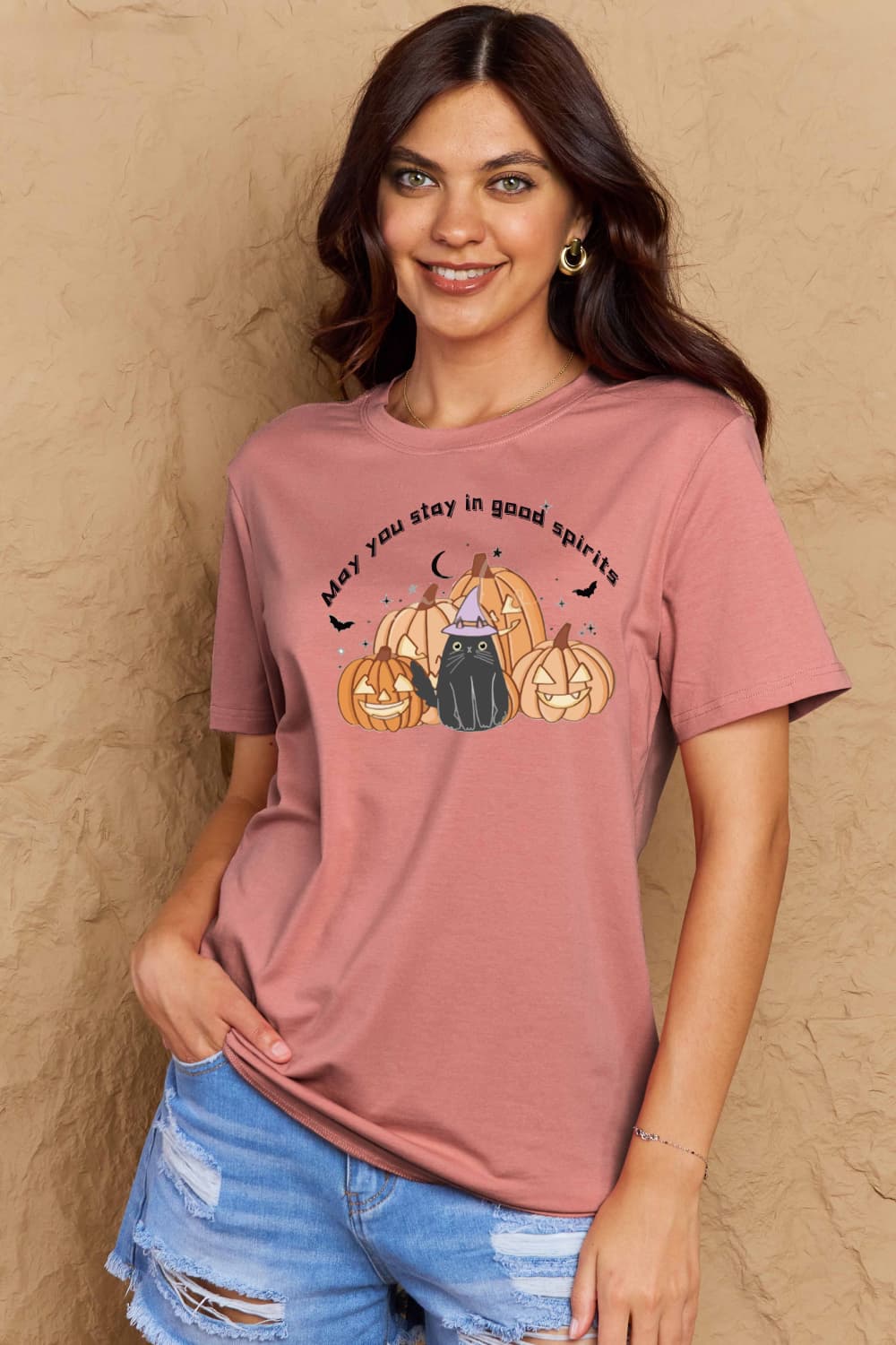 Simply Love Full Size MAY YOU STAY IN GOOD SPIRITS Graphic Cotton T-Shirt – Dusty Pink Women's Top for Shopify Collective (22 view)
