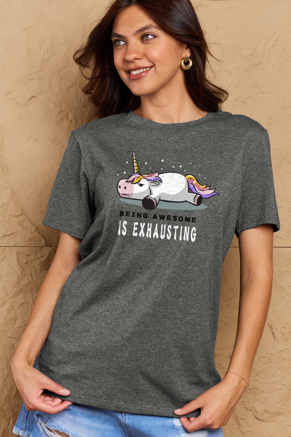 Simply Love Full Size BEING AWESOME IS EXHAUSTING Graphic Cotton Tee – Charcoal Women's Top for Shopify Collective (14 view)