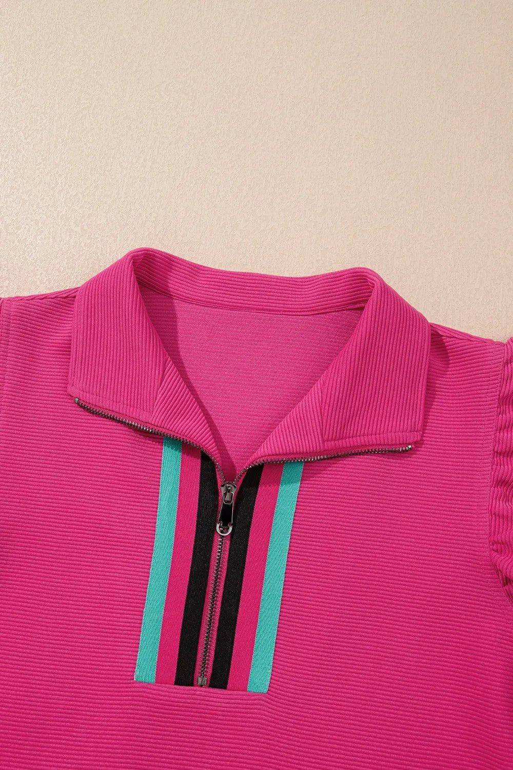 Striped Detail Flutter Sleeve Zipped Collar Top and Short Set – Hot Pink for Shopify Collective (5 view)