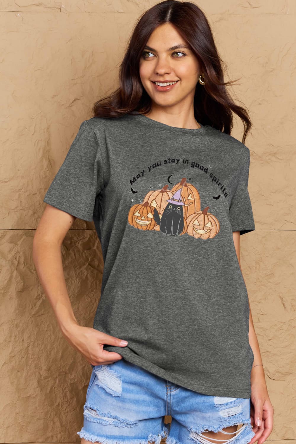 Simply Love Full Size MAY YOU STAY IN GOOD SPIRITS Graphic Cotton T-Shirt – Charcoal Women's Top for Shopify Collective (4 view)