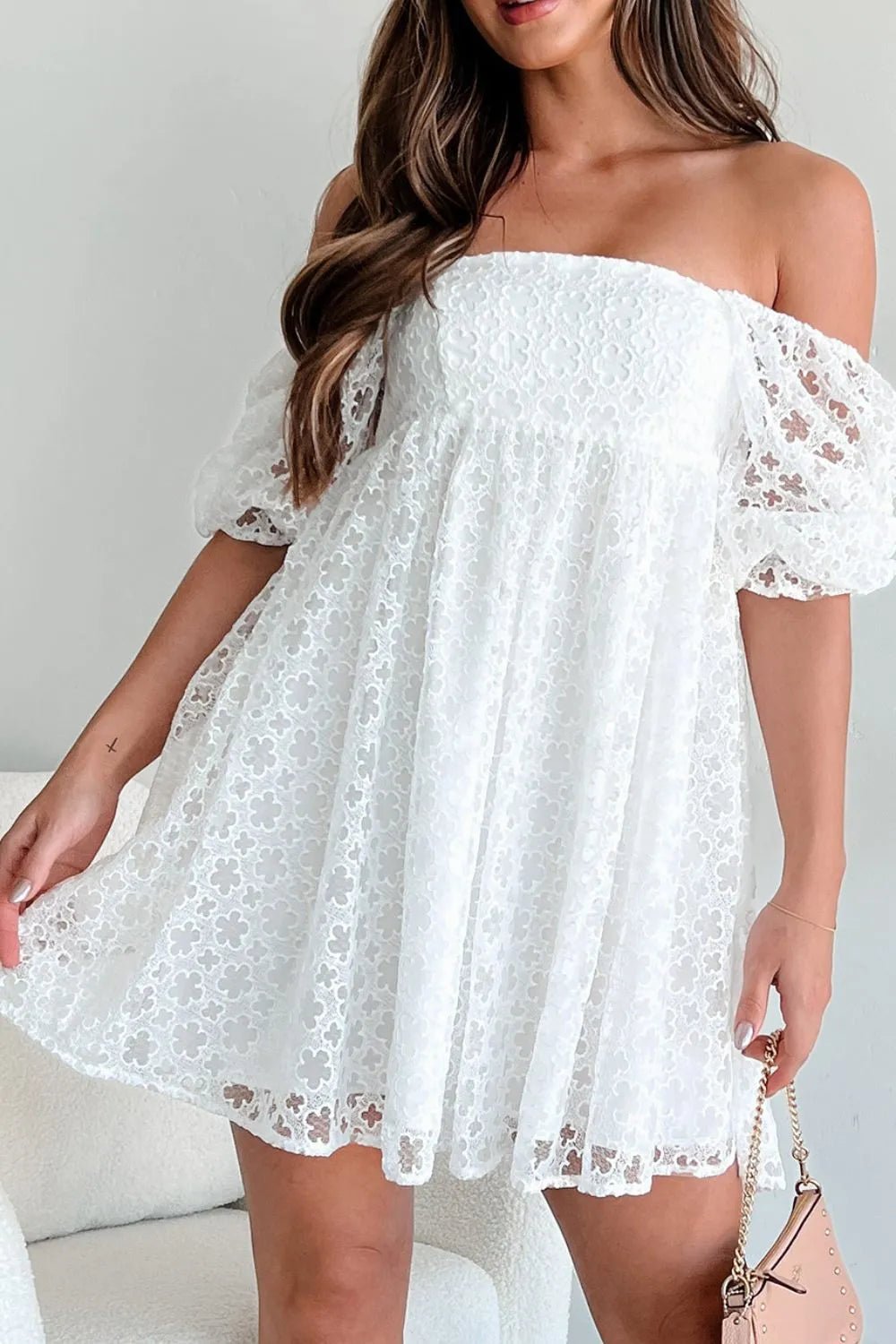 Lace Puff Sleeve Empire Waist Mini Dress – White for Shopify Collective (4 view)