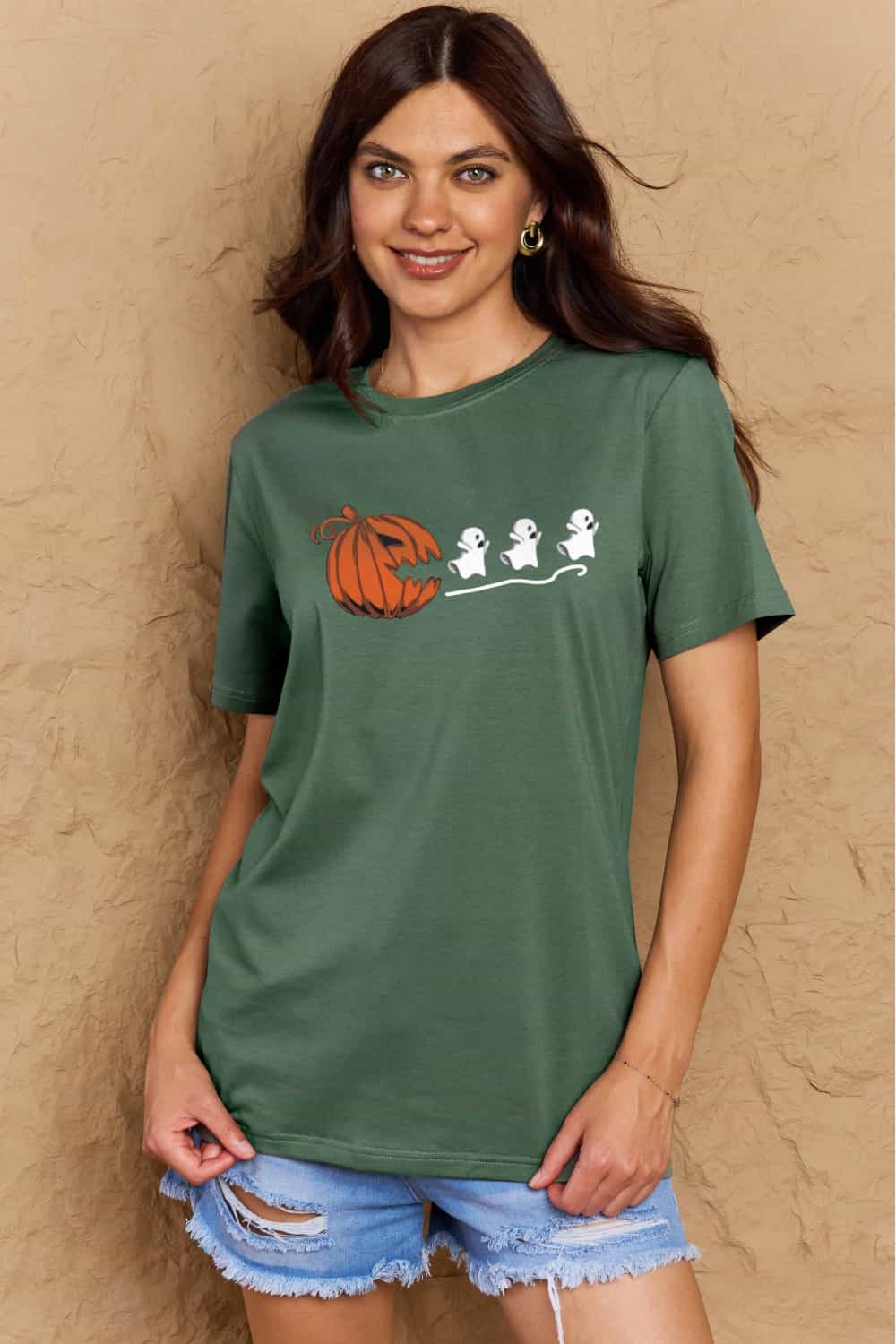 Simply Love Full Size Jack - O' - Lantern Graphic Cotton Tee – Green Women's Top for Shopify Collective (26 view)