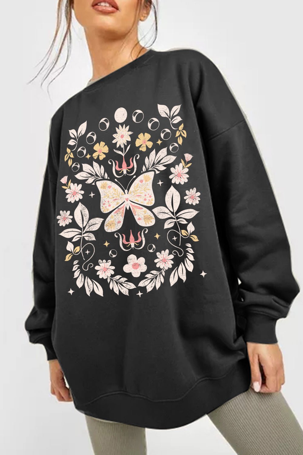Simply Love Full Size Flower and Butterfly Graphic Sweatshirt – Black by Simply Love