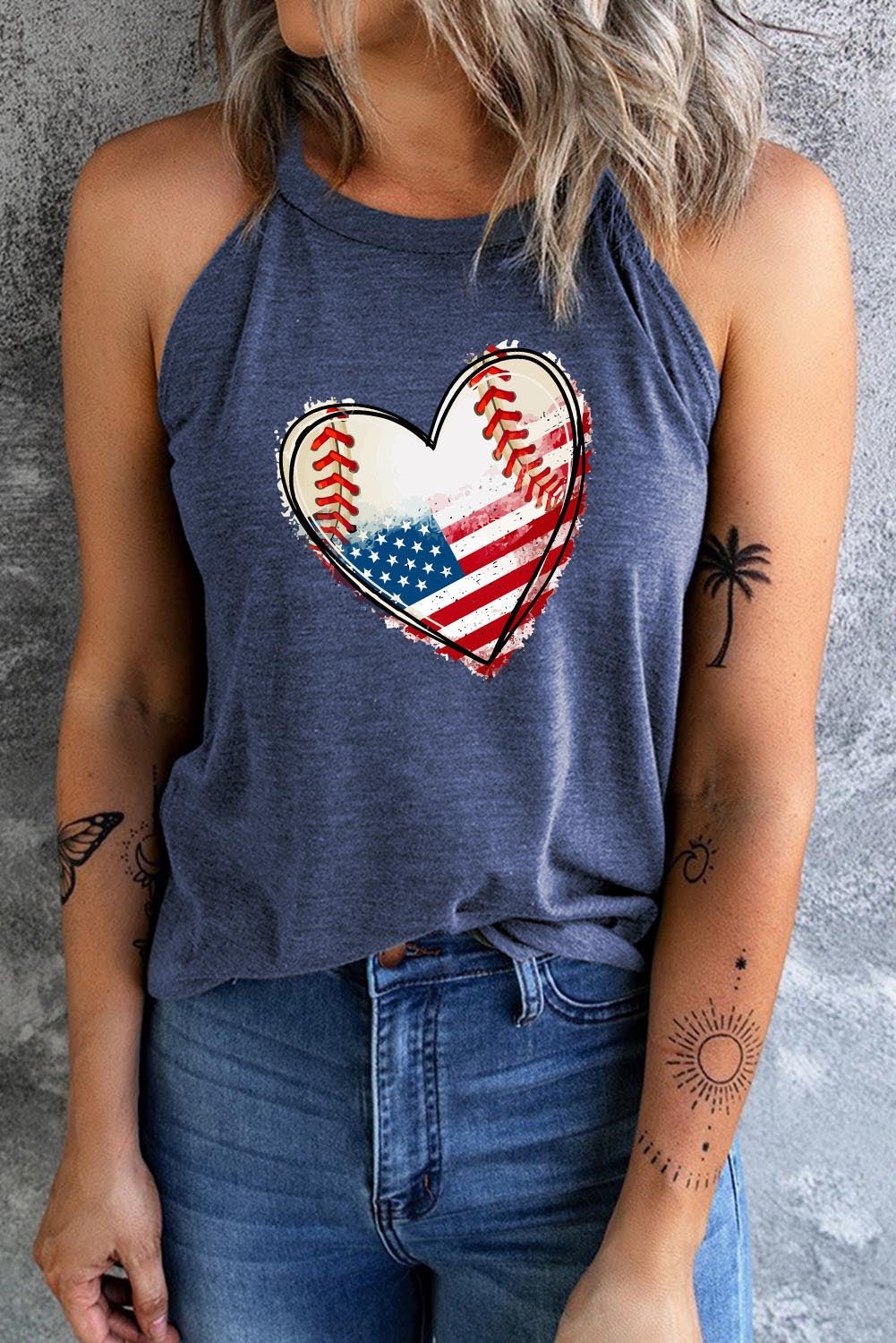 US Flag Heart Graphic Tank – Dusty Blue for low - stock - alert - sent (3 view)